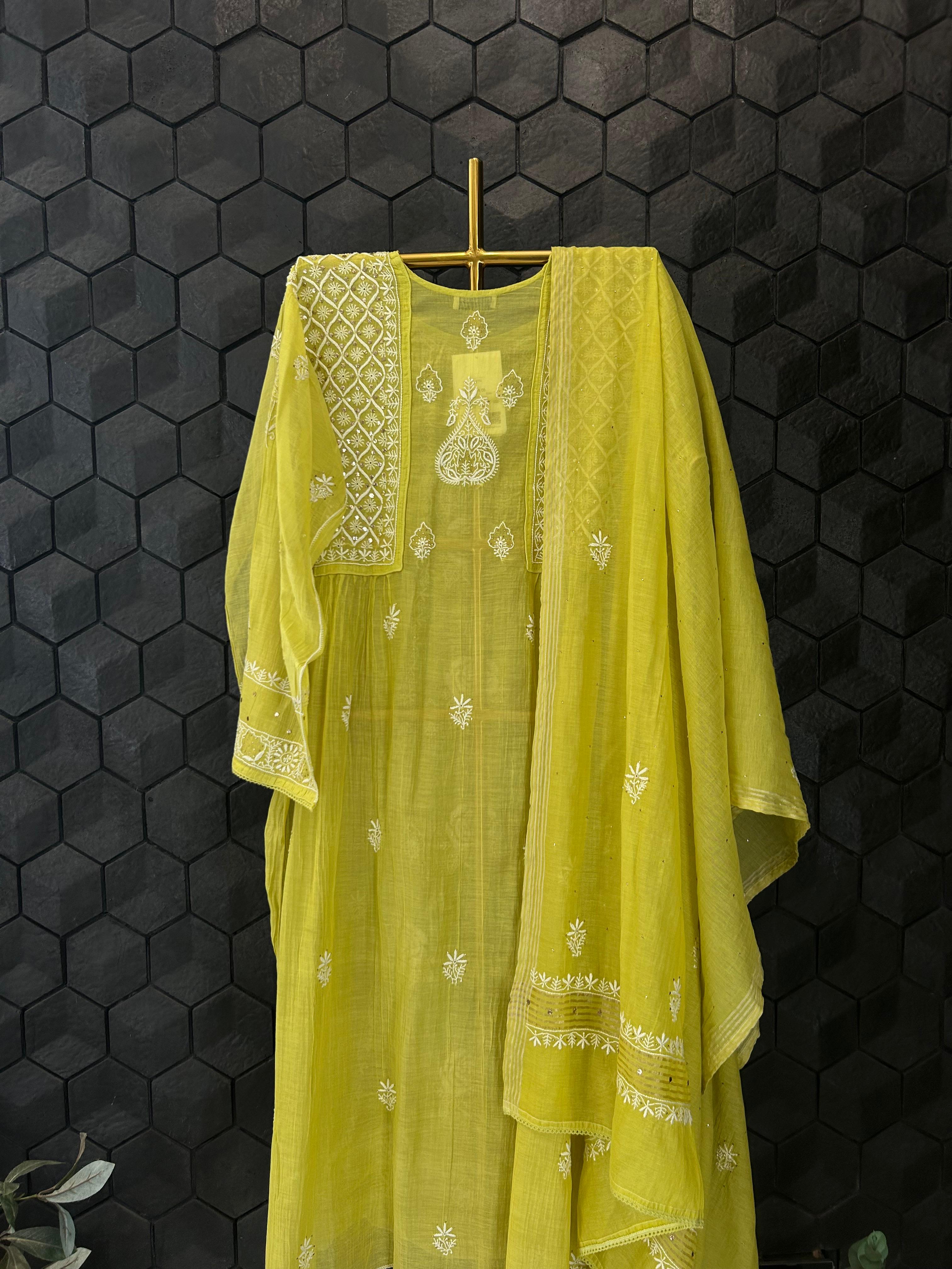 green mul chanderi chikankari kurta set