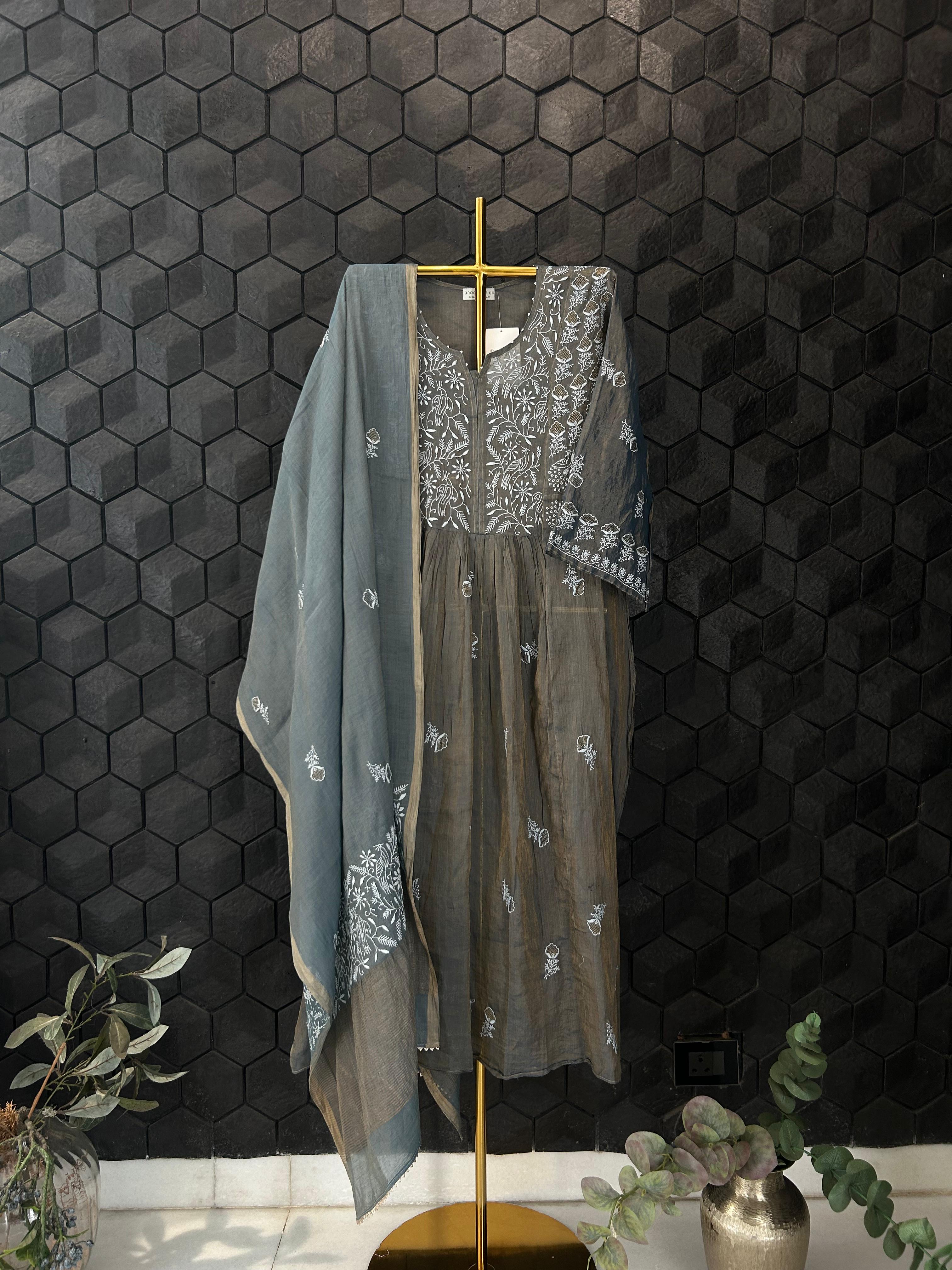 Grey tissue chikankari krta set