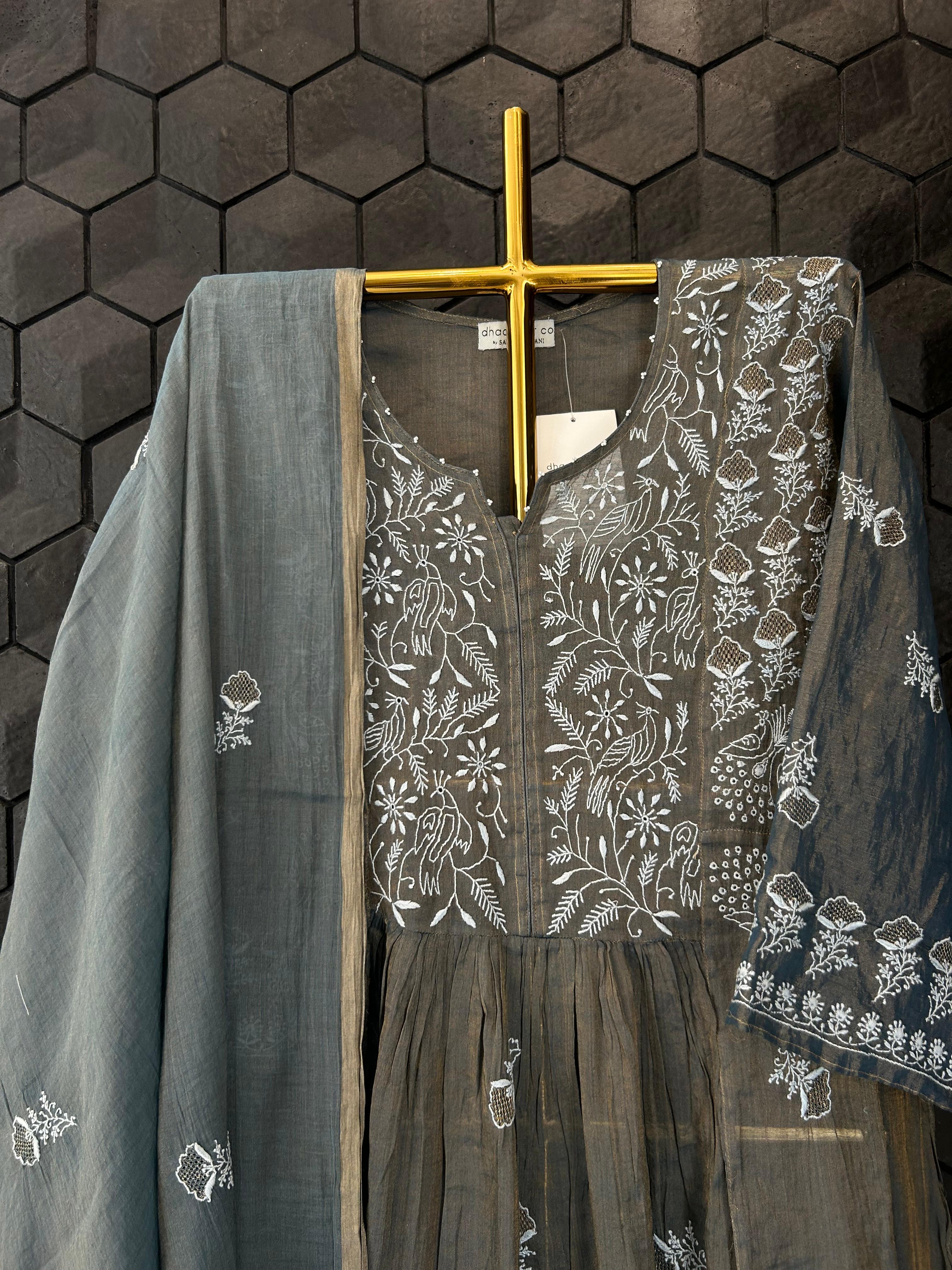 Grey tissue chikankari krta set