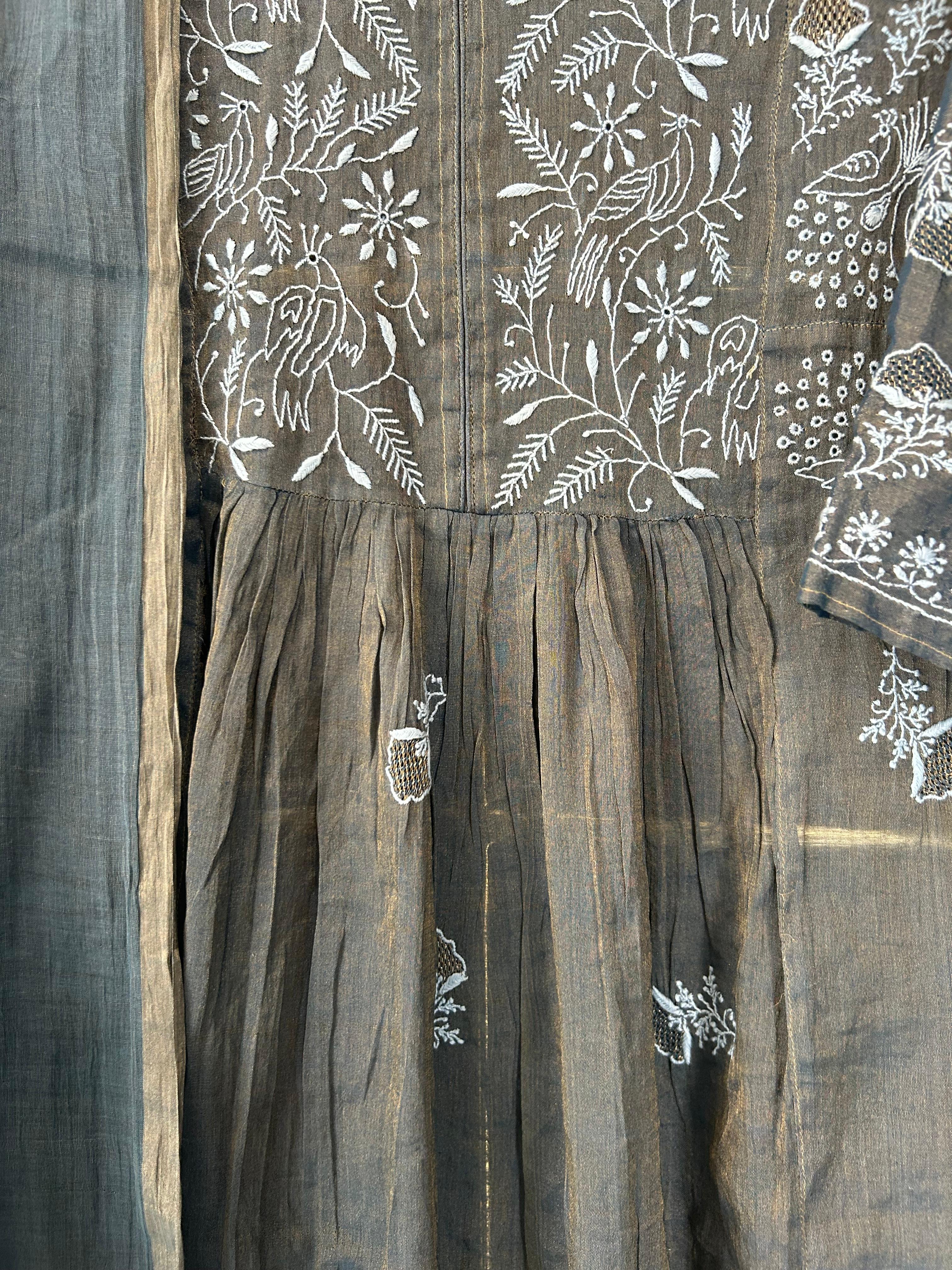 Grey tissue chikankari krta set