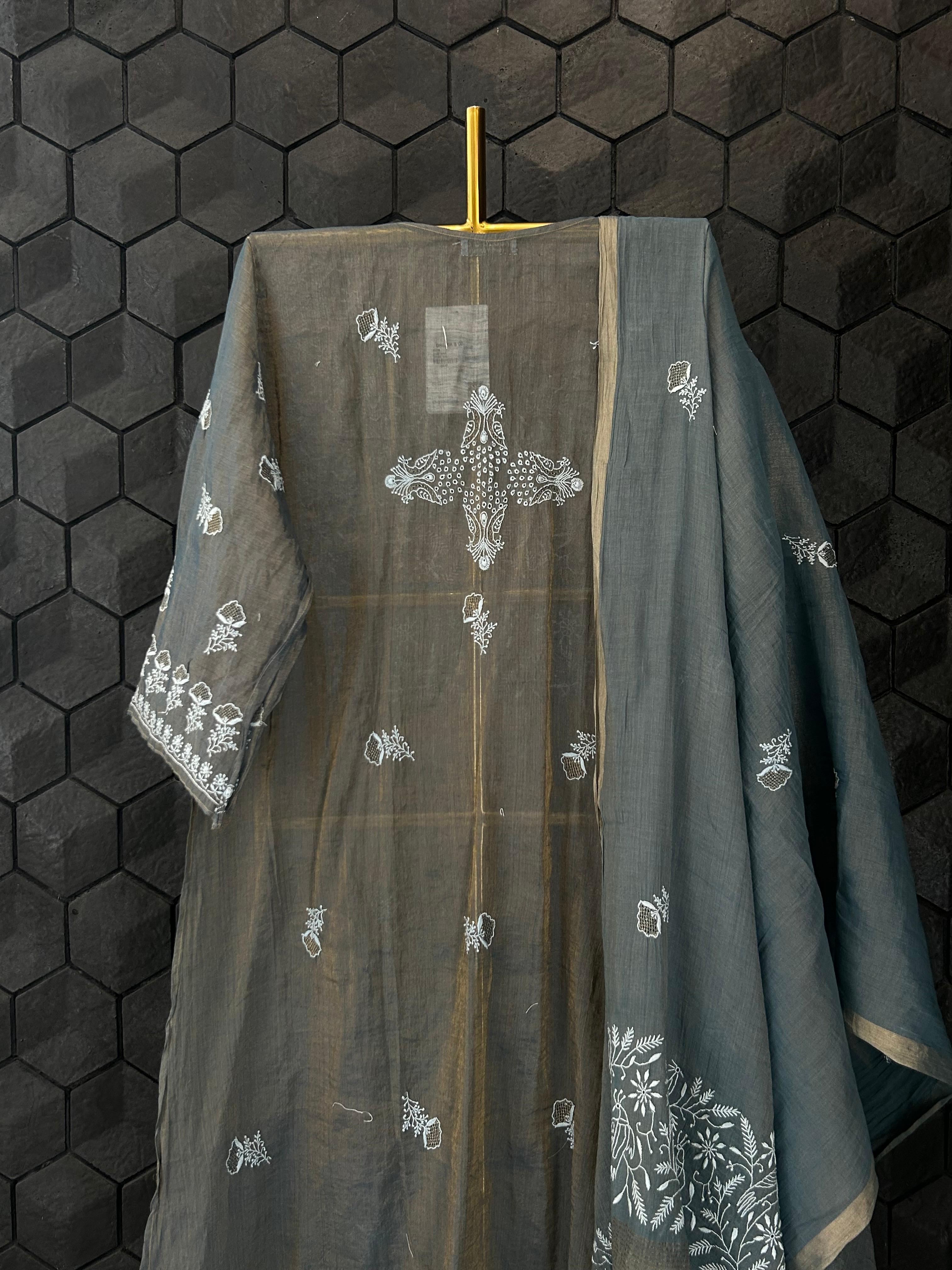 Grey tissue chikankari krta set