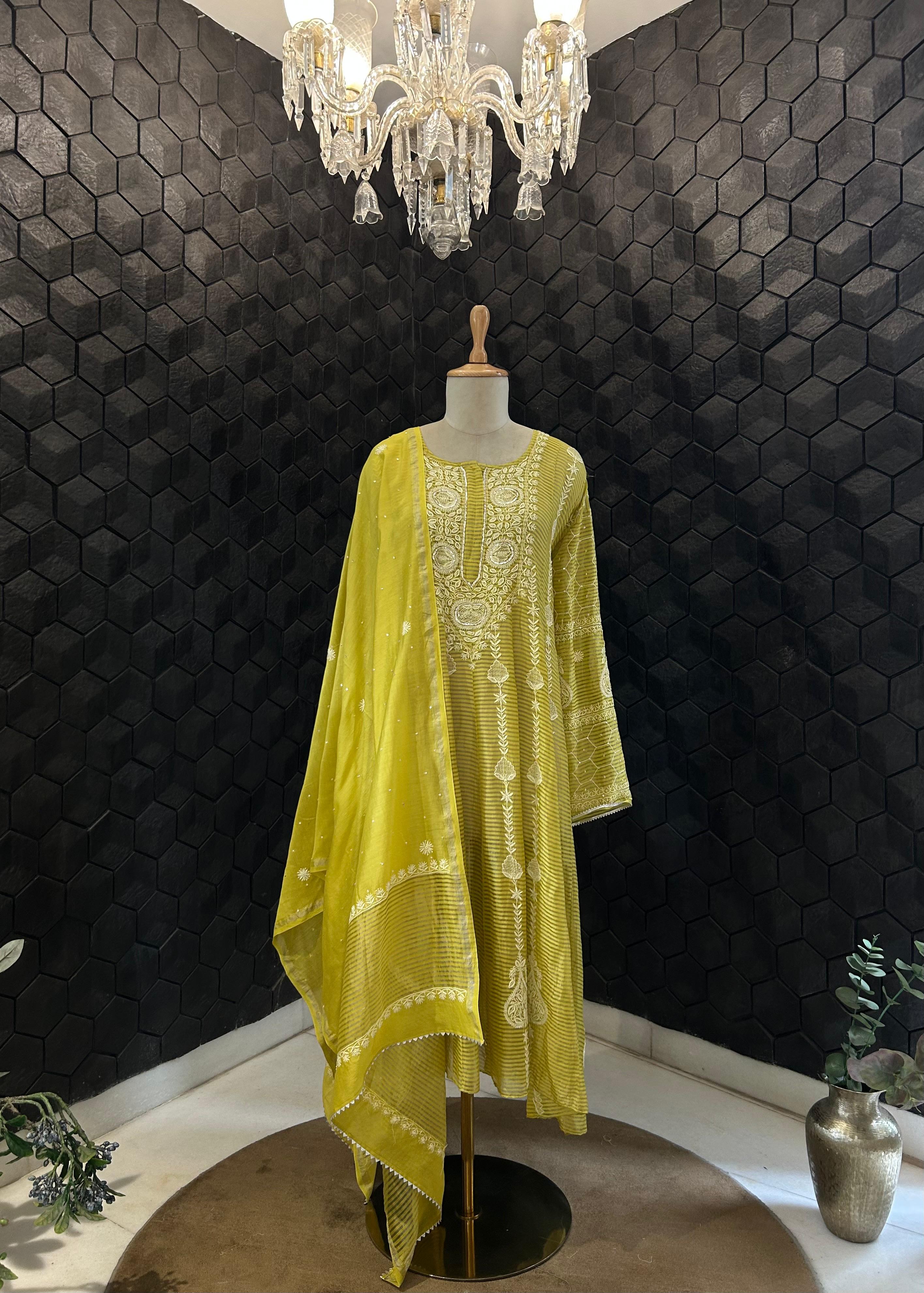 Lime green tissue chikankari anarkali set
