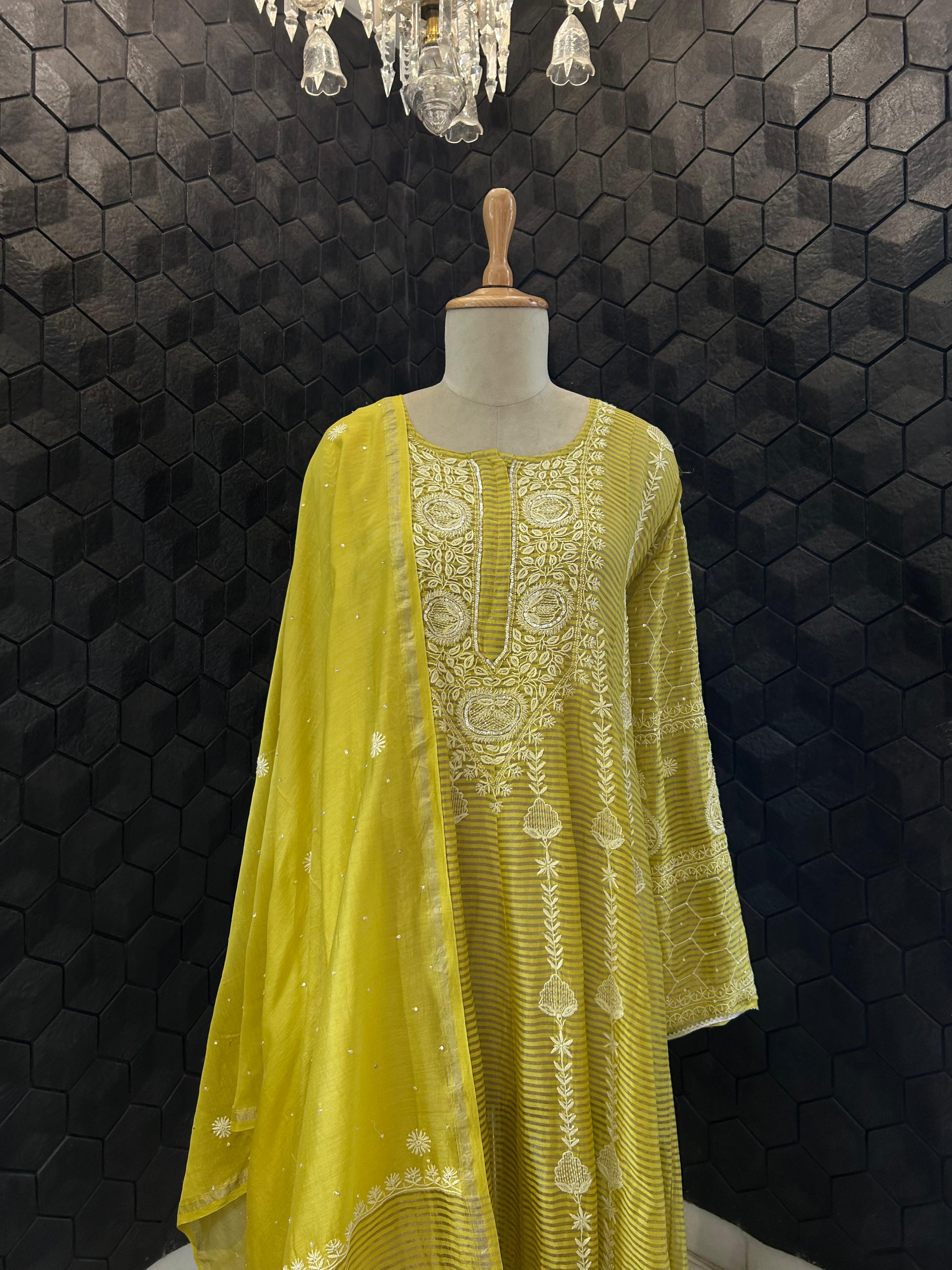 Lime green tissue chikankari anarkali set