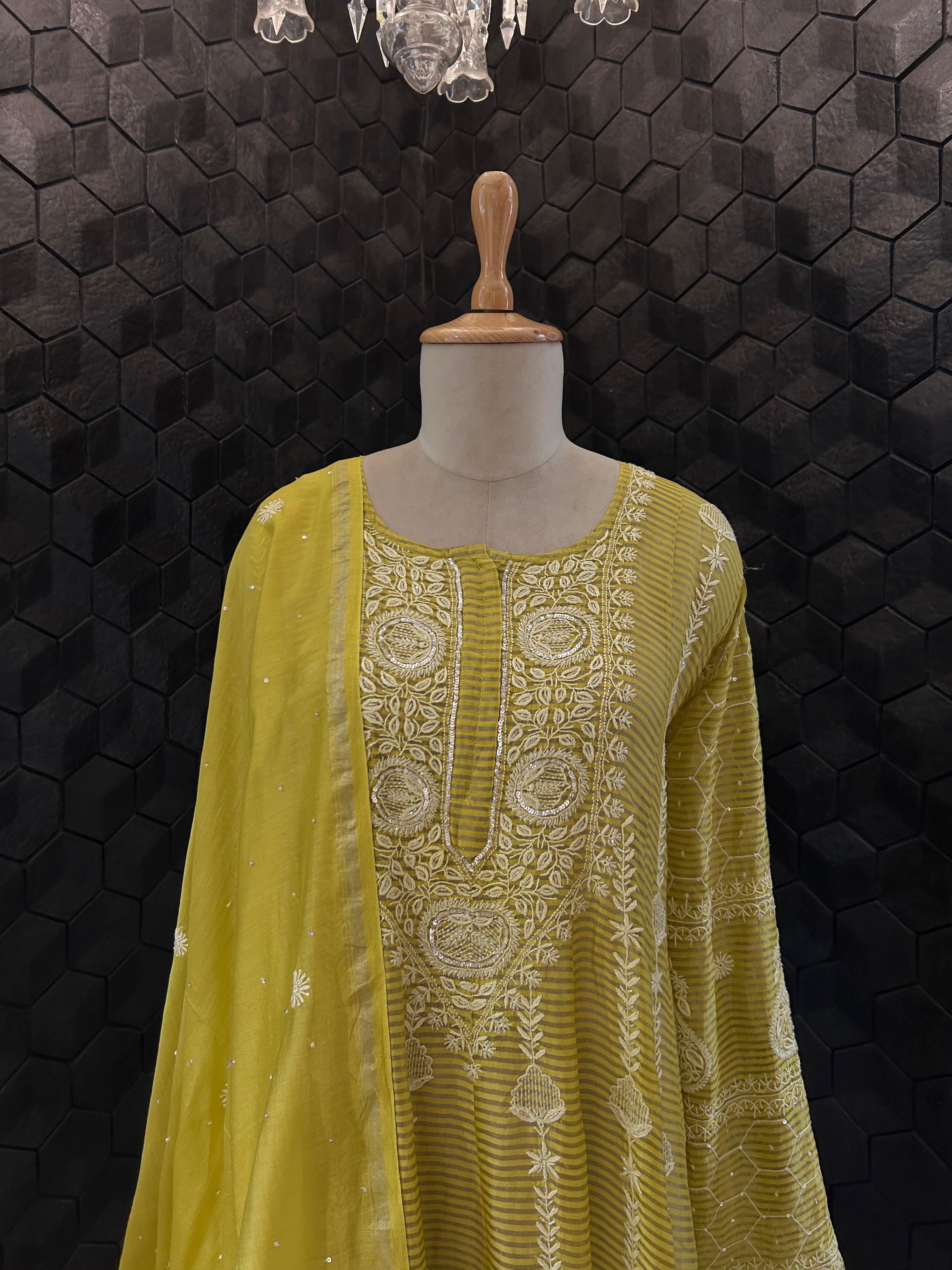 Lime green tissue chikankari anarkali set