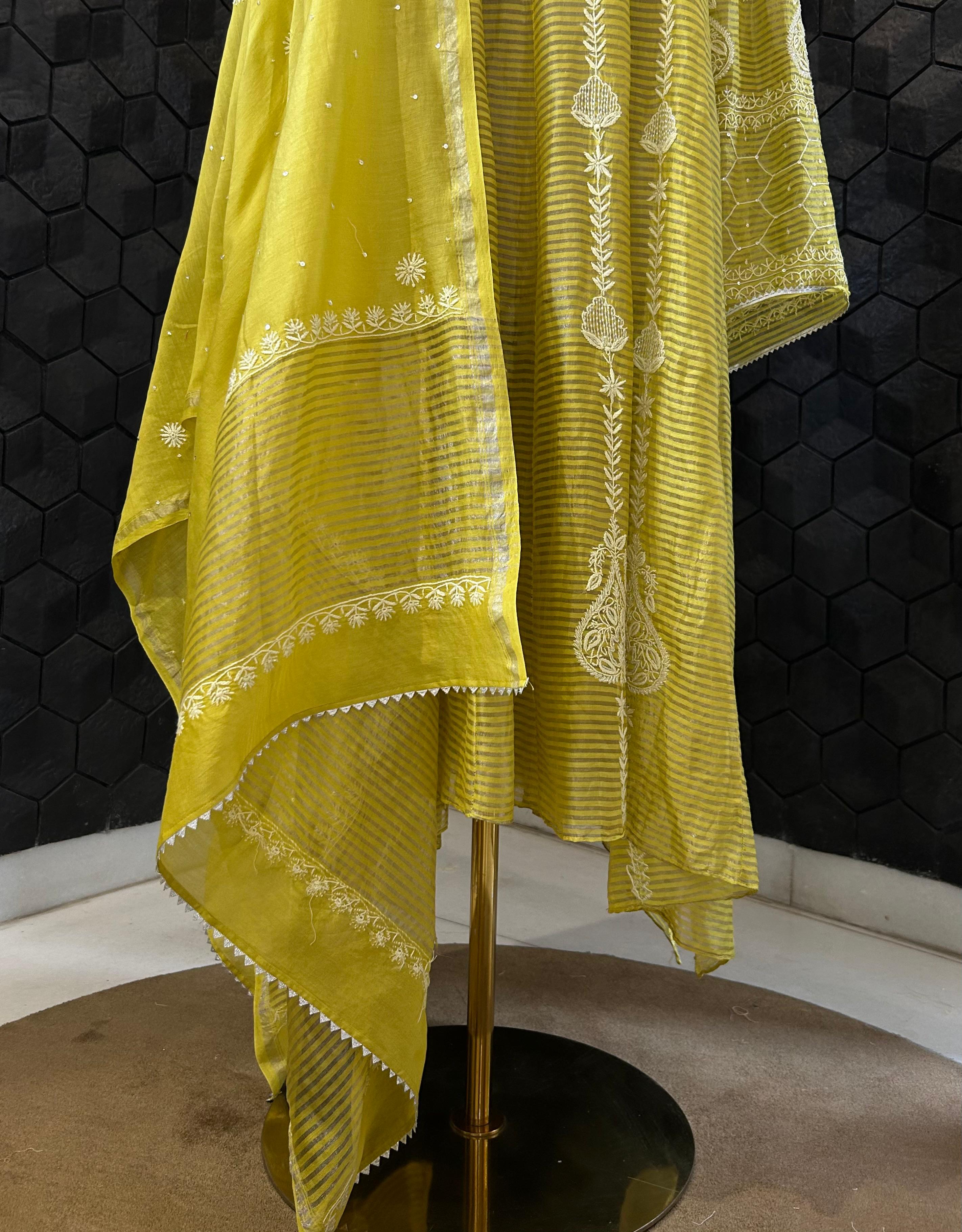 Lime green tissue chikankari anarkali set