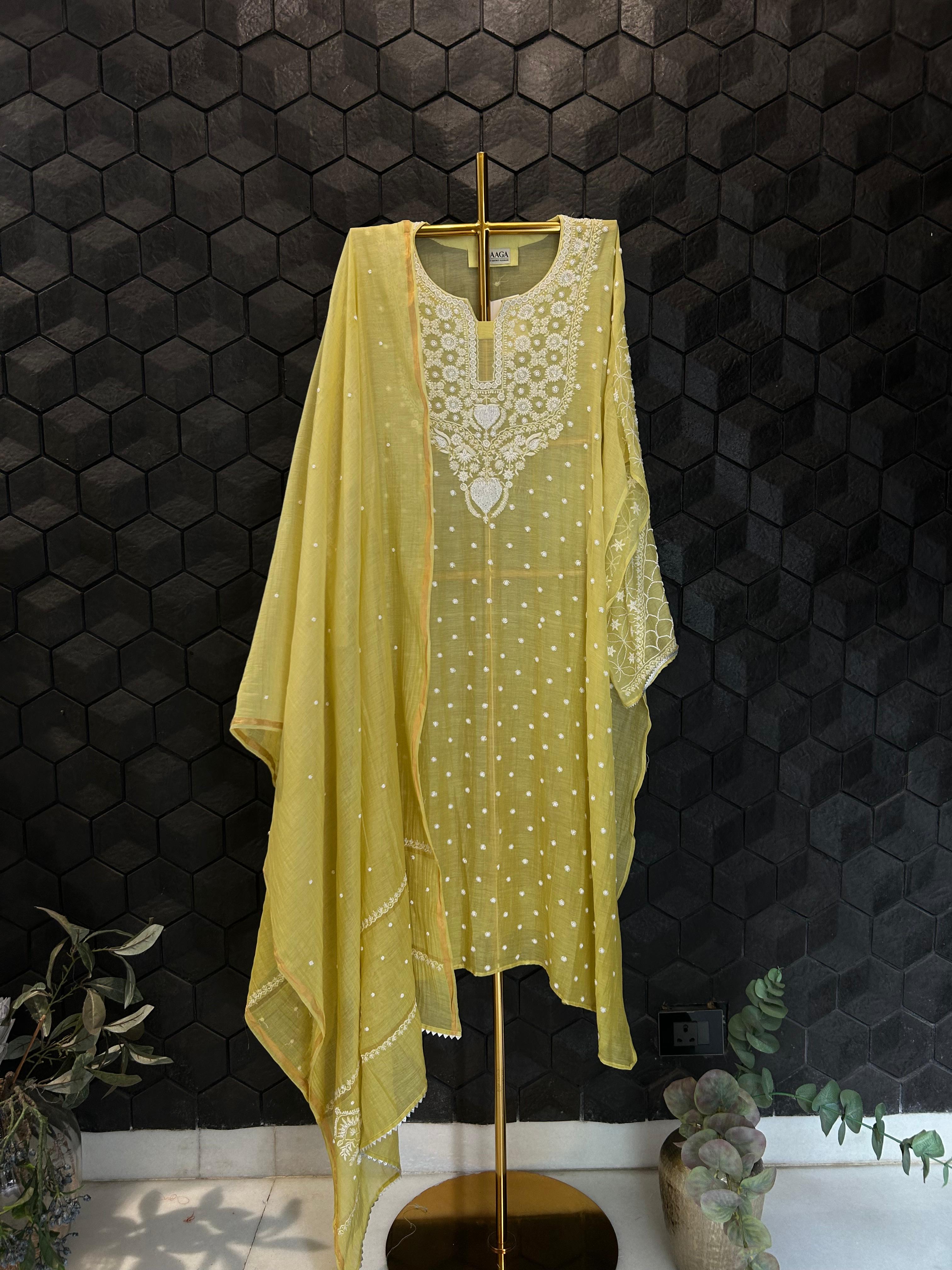 Lime green mul chanderi chikankari kurta set