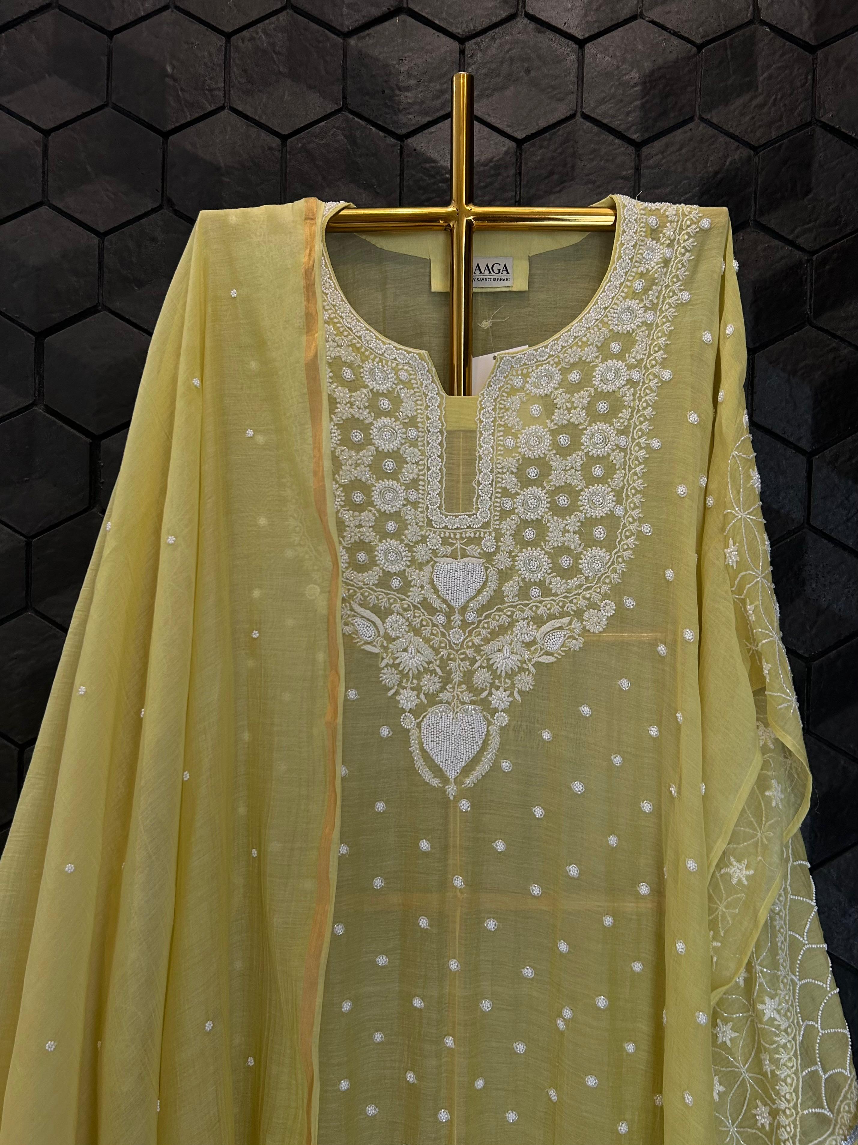 Lime green mul chanderi chikankari kurta set