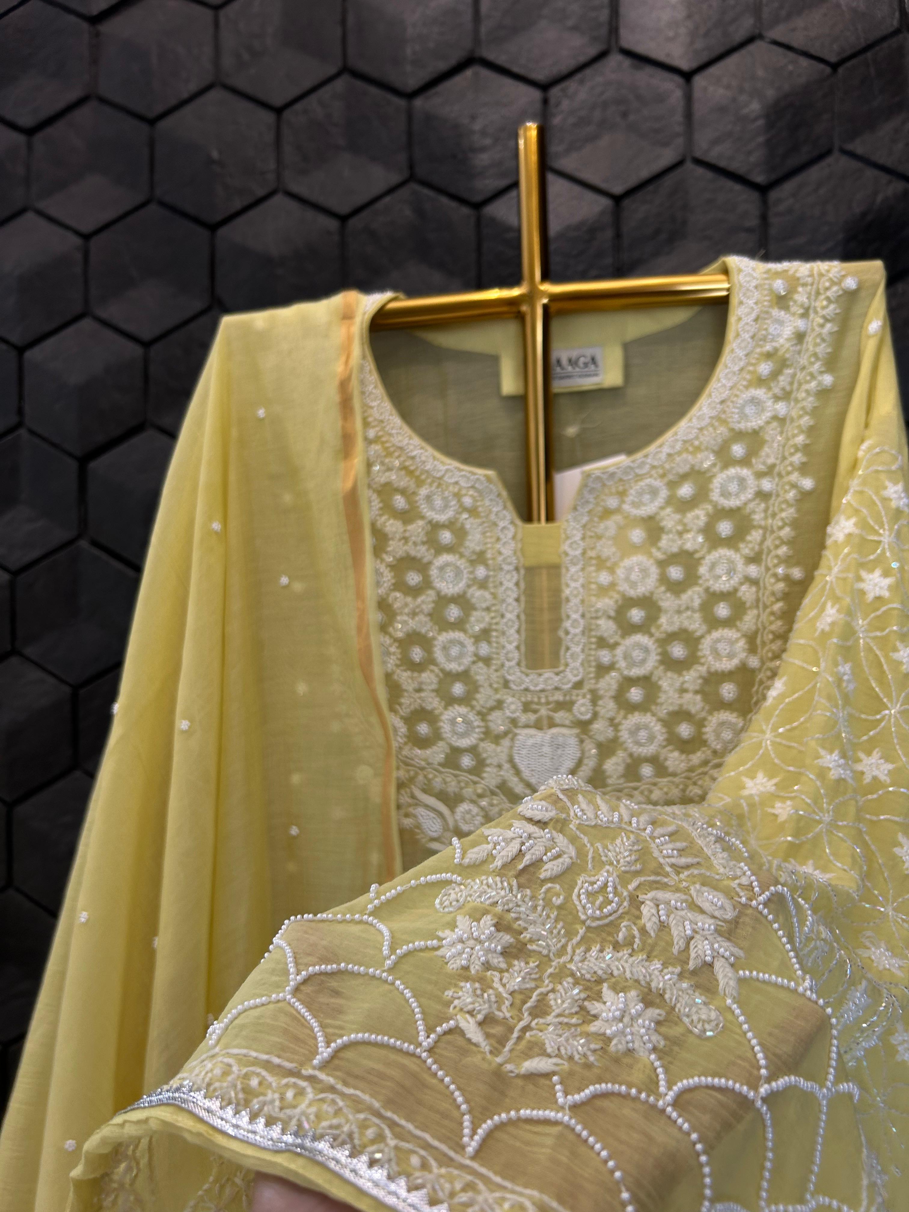 Lime green mul chanderi chikankari kurta set