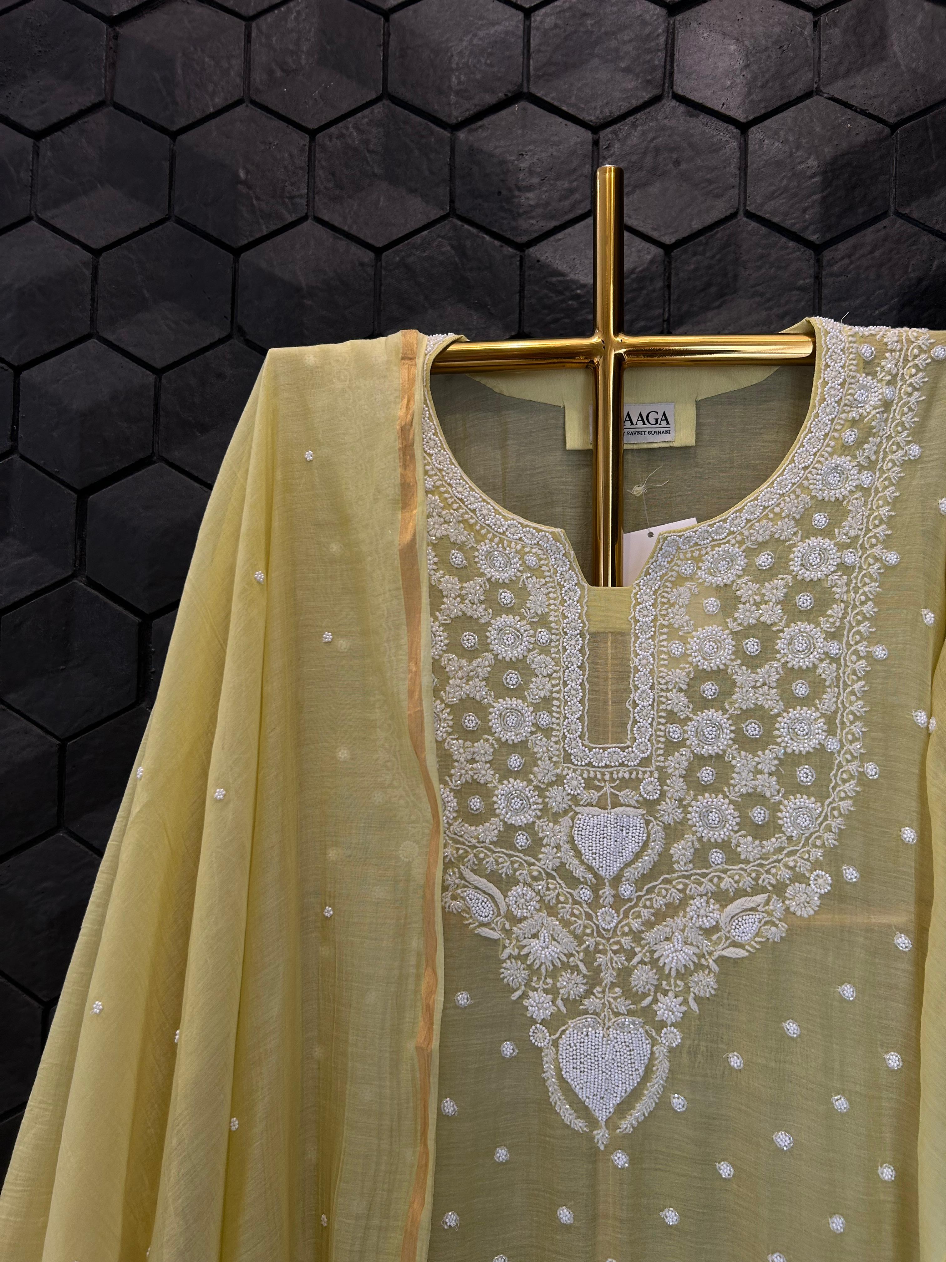 Lime green mul chanderi chikankari kurta set