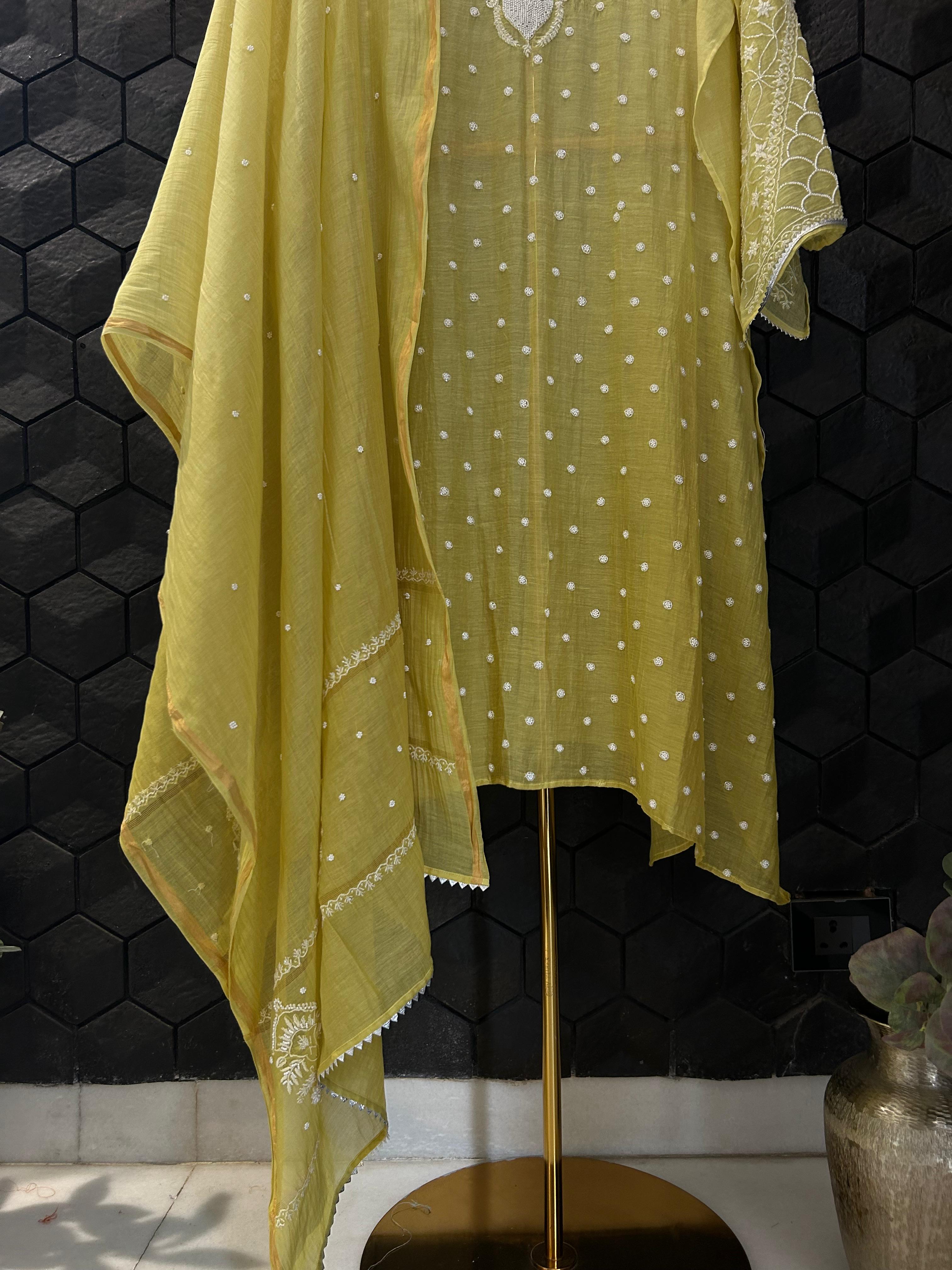 Lime green mul chanderi chikankari kurta set