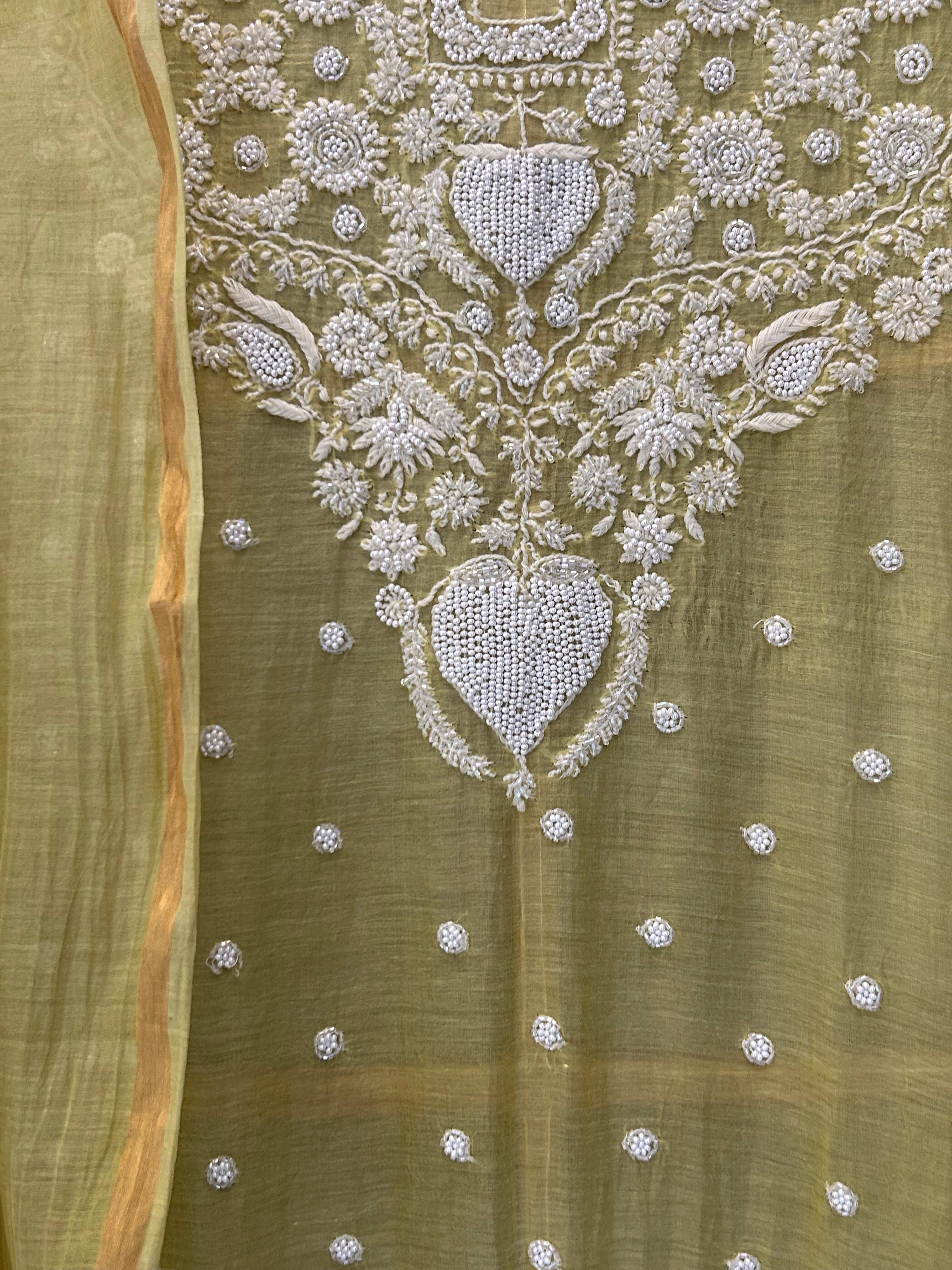Lime green mul chanderi chikankari kurta set