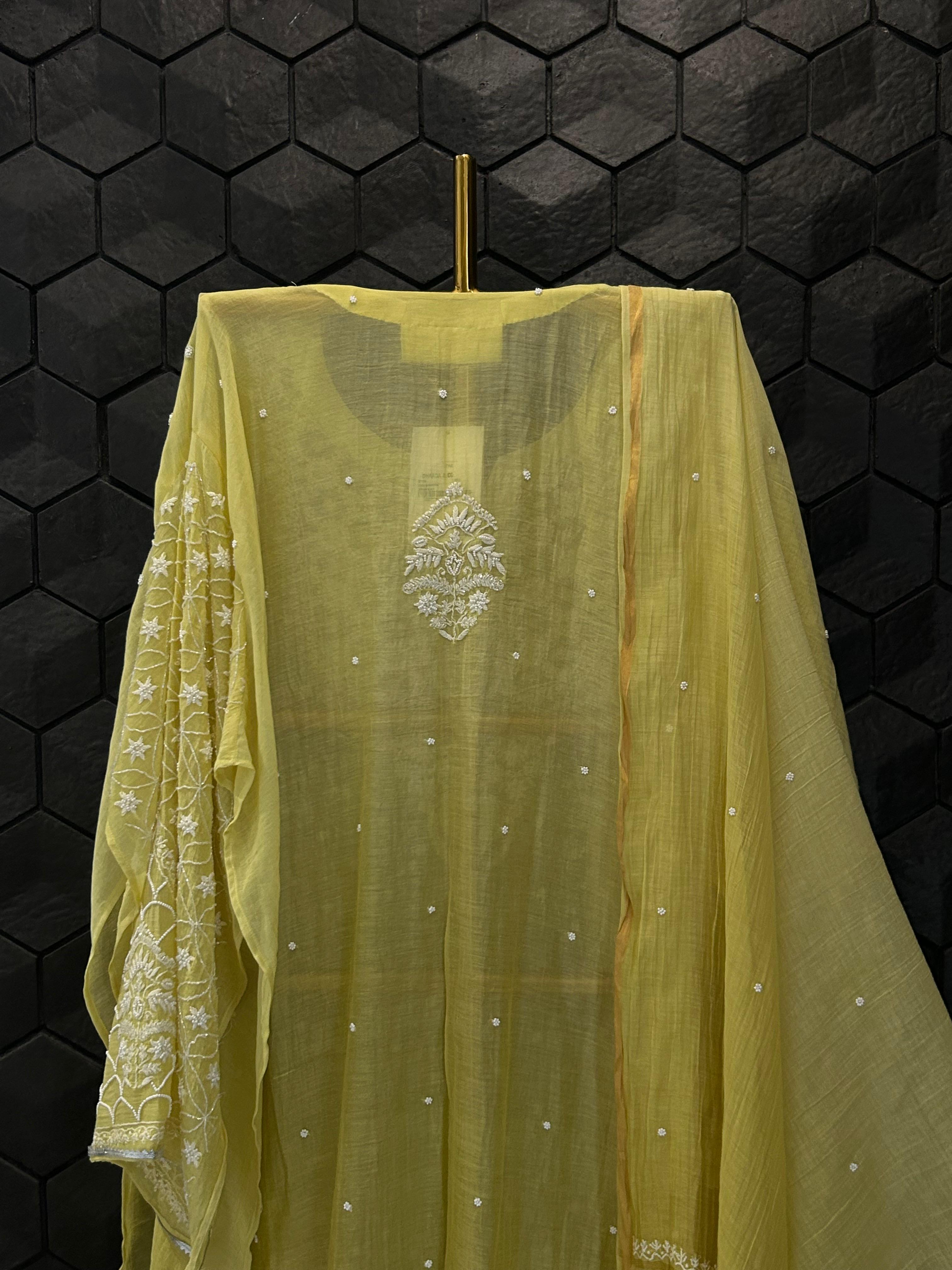Lime green mul chanderi chikankari kurta set
