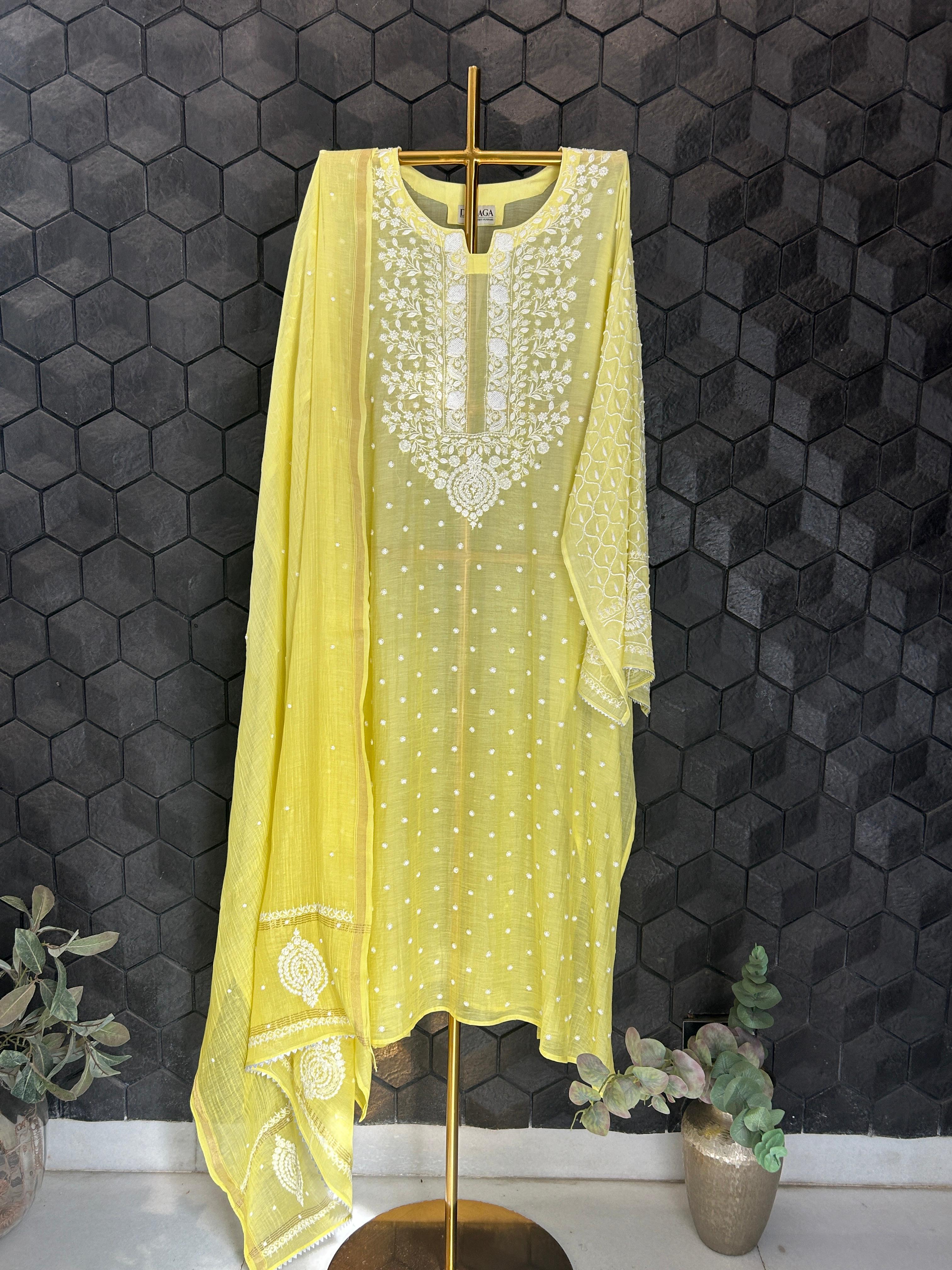 lime yellow mul chanderi chikankari kurta set
