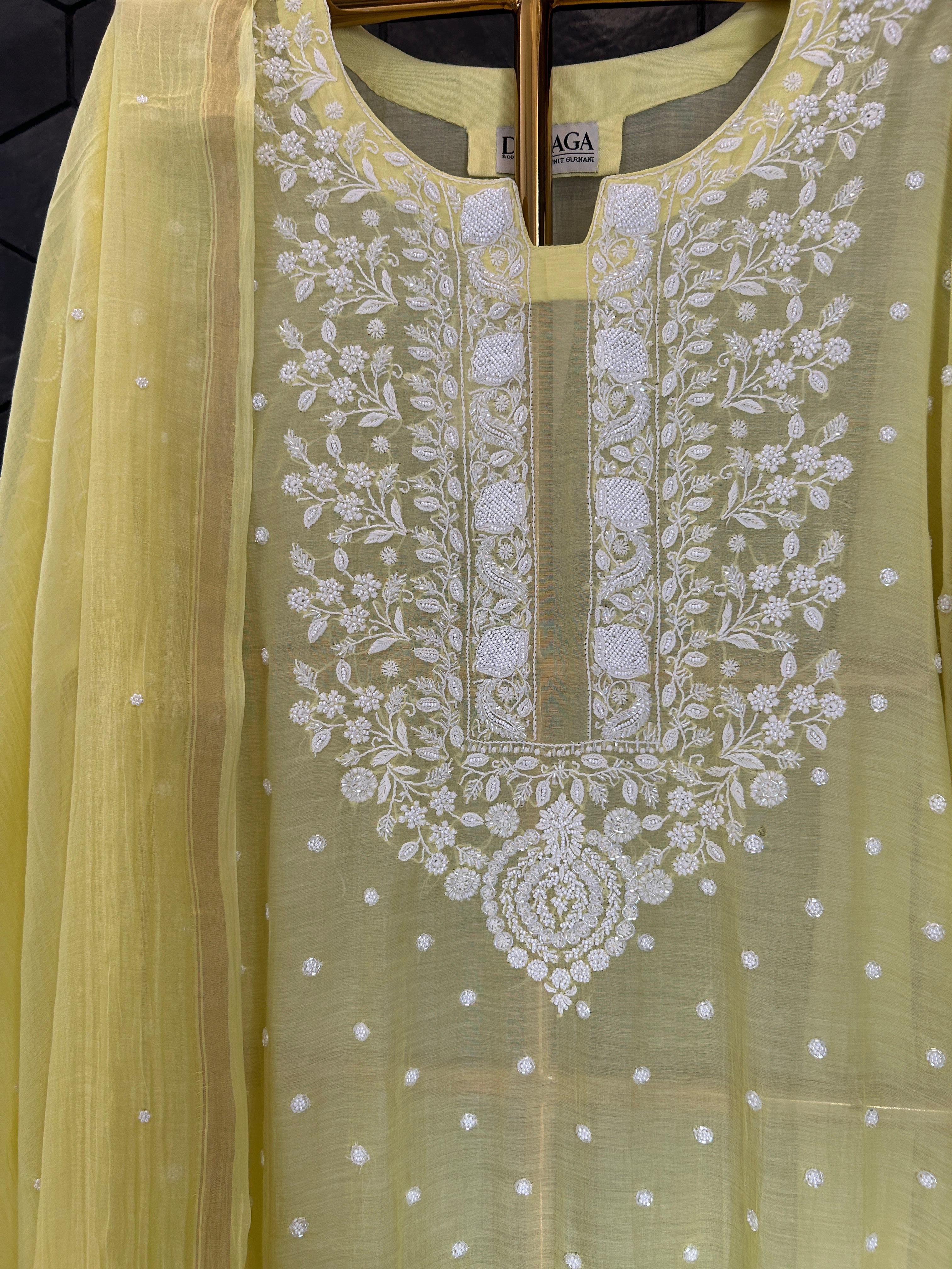 lime yellow mul chanderi chikankari kurta set
