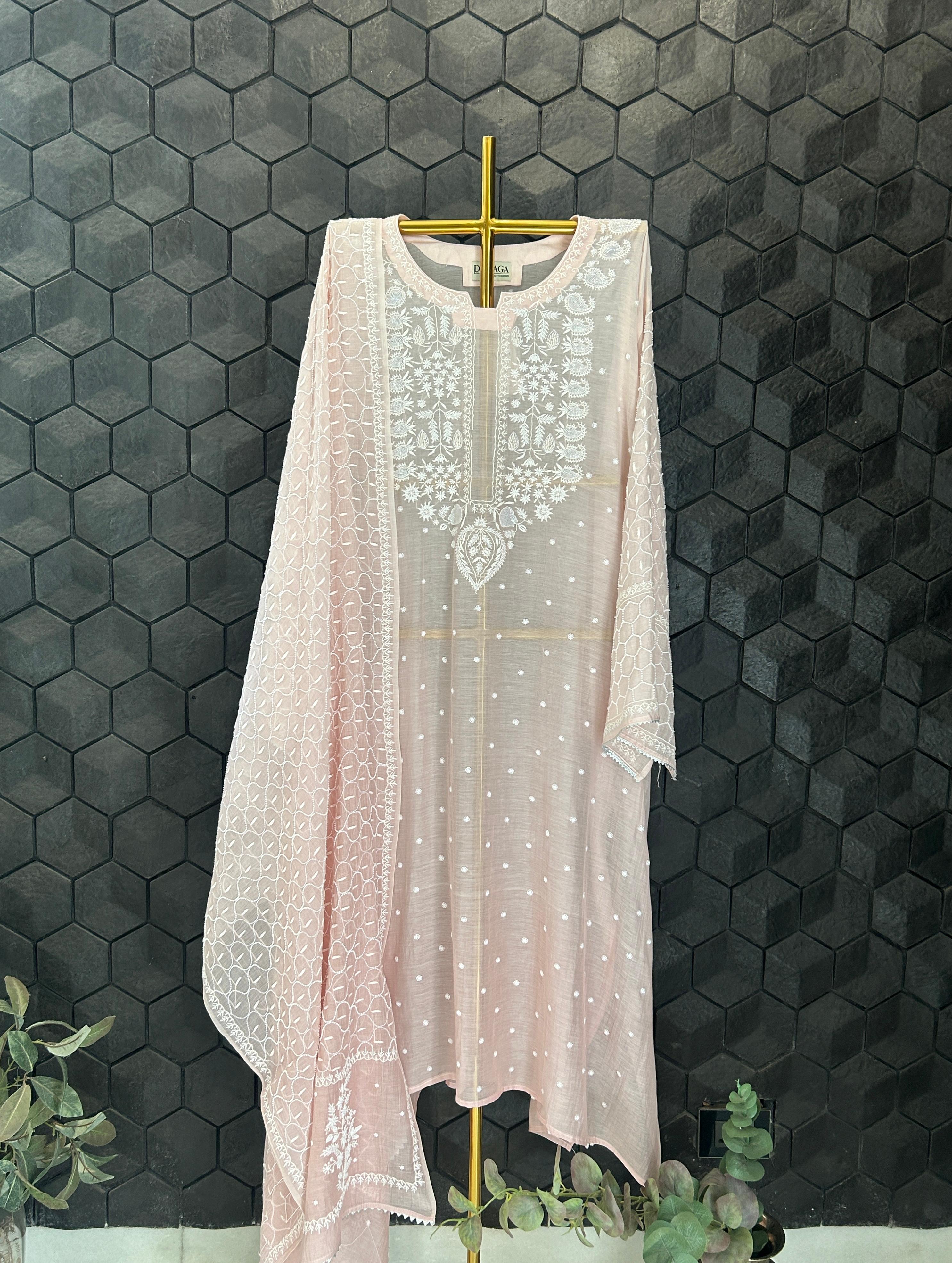 Pink Mul chanderi chikankari kurta set
