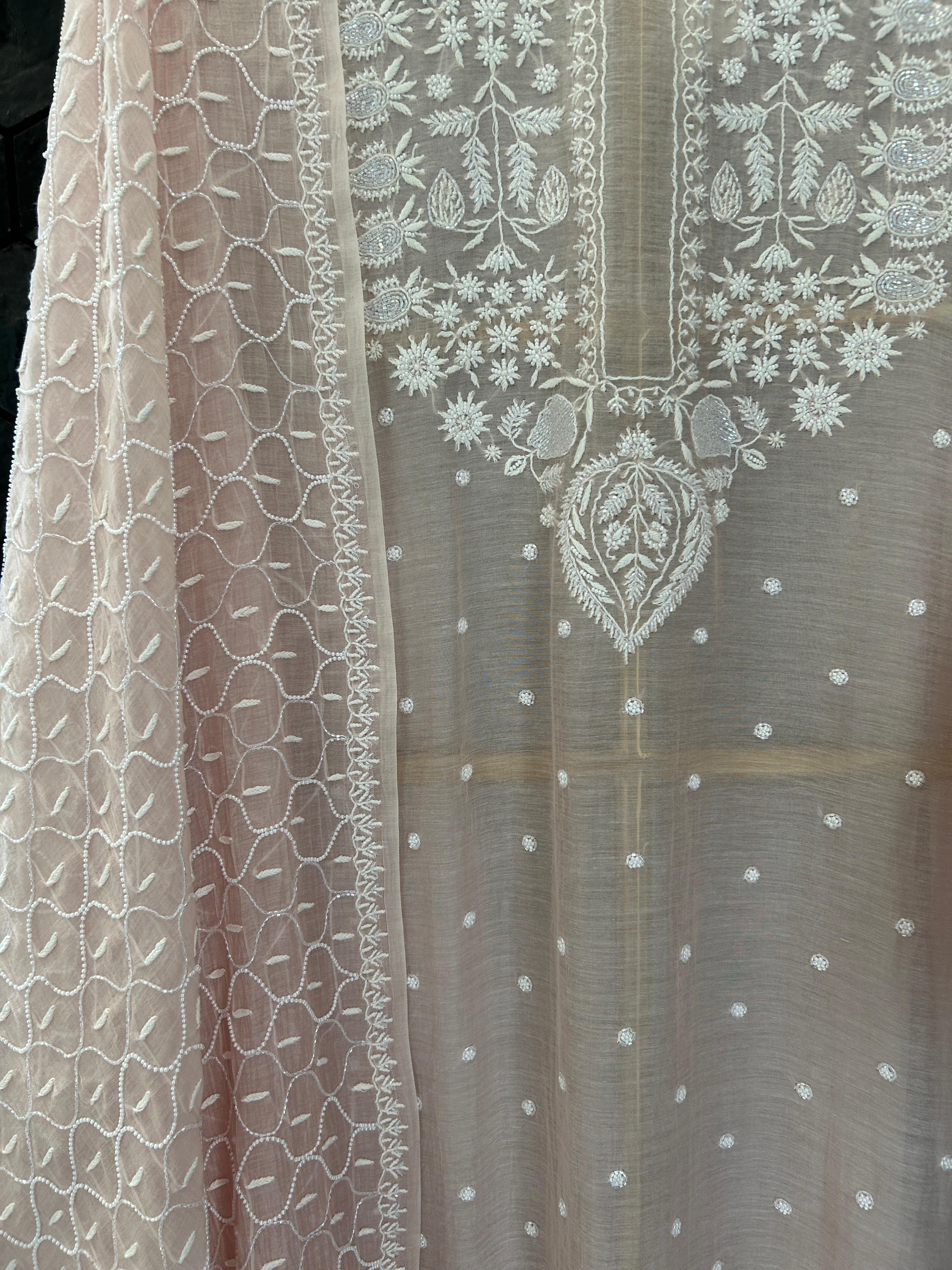 Pink Mul chanderi chikankari kurta set