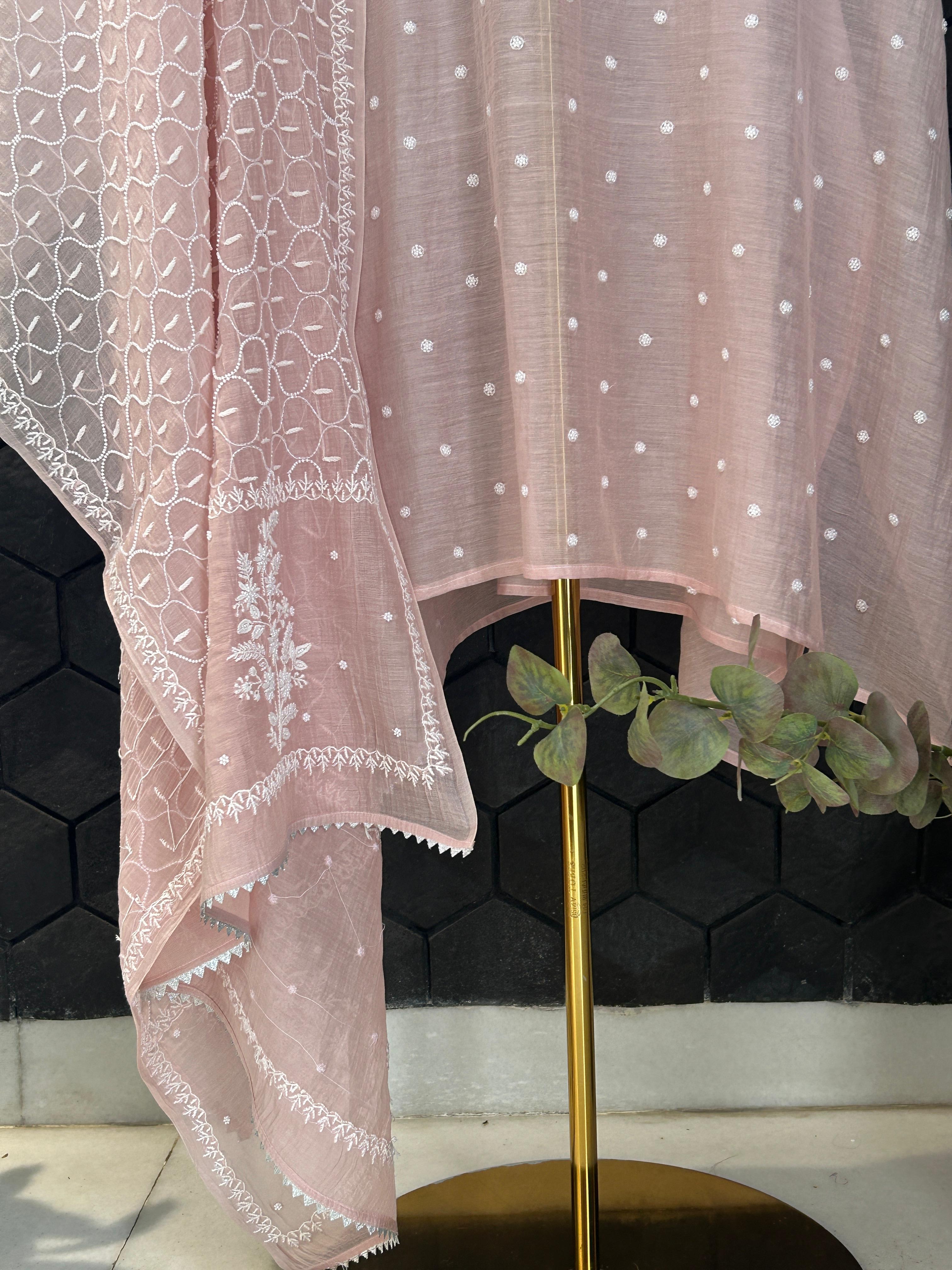 Pink Mul chanderi chikankari kurta set