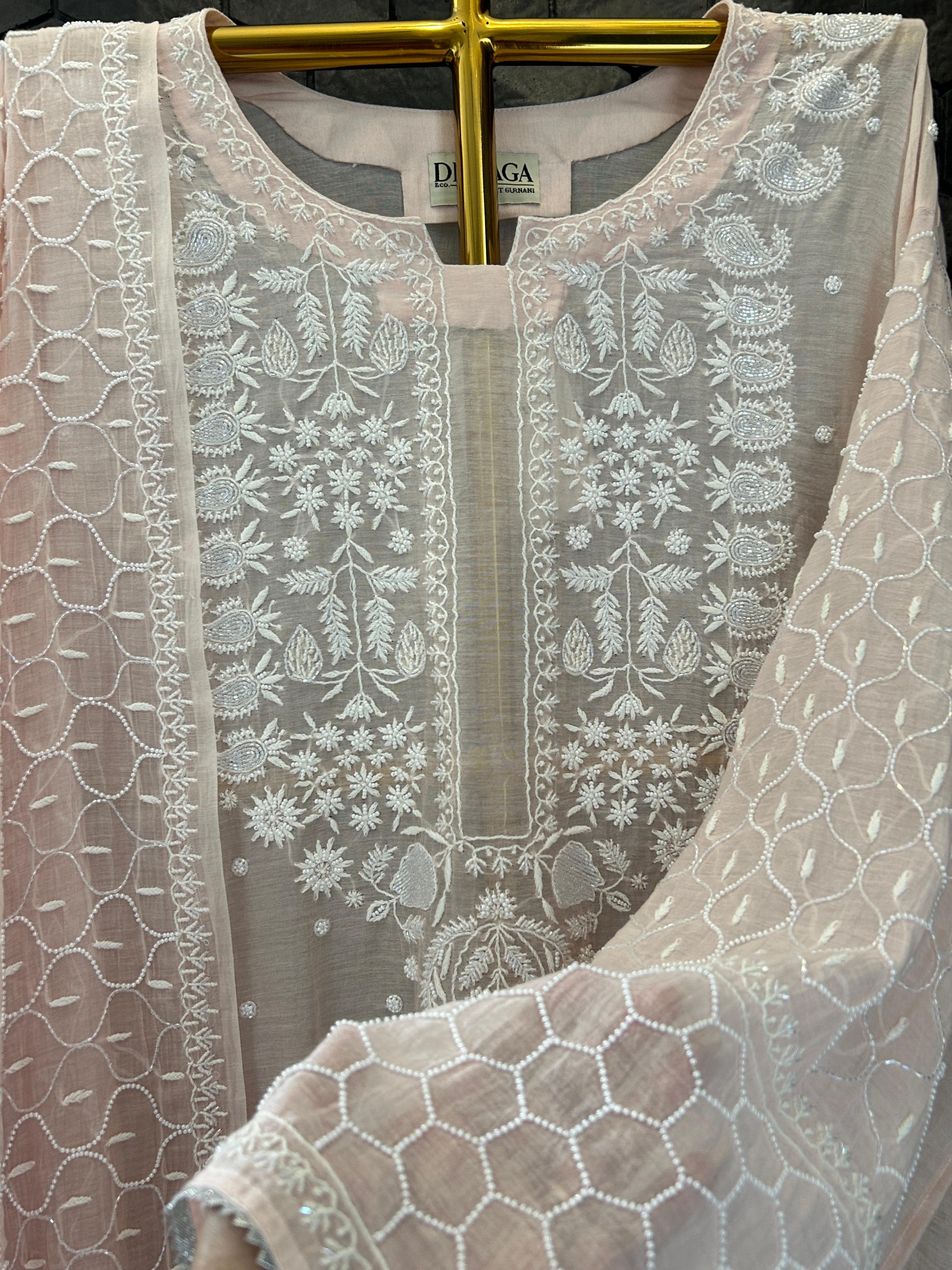 Pink Mul chanderi chikankari kurta set