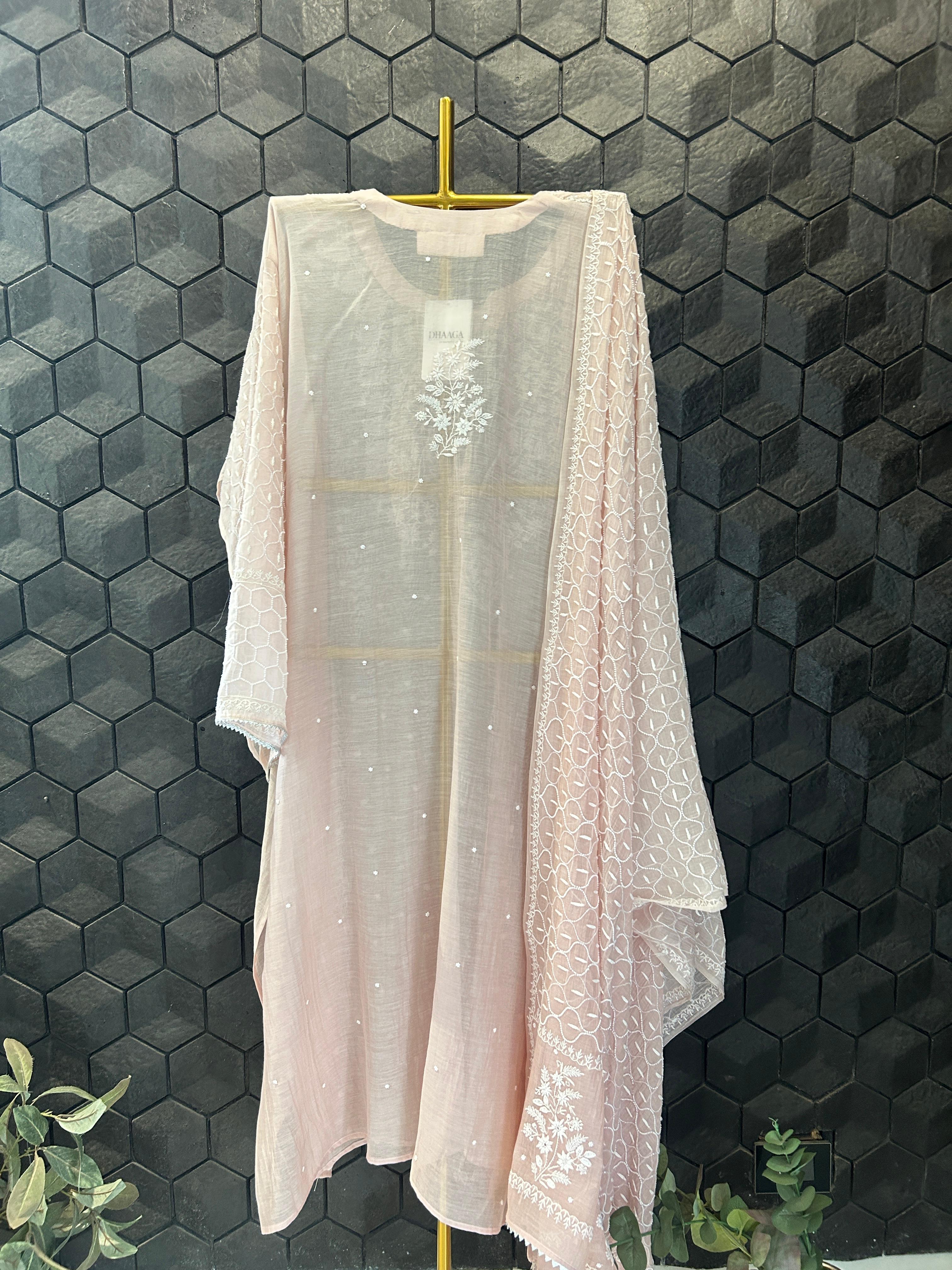 Pink Mul chanderi chikankari kurta set