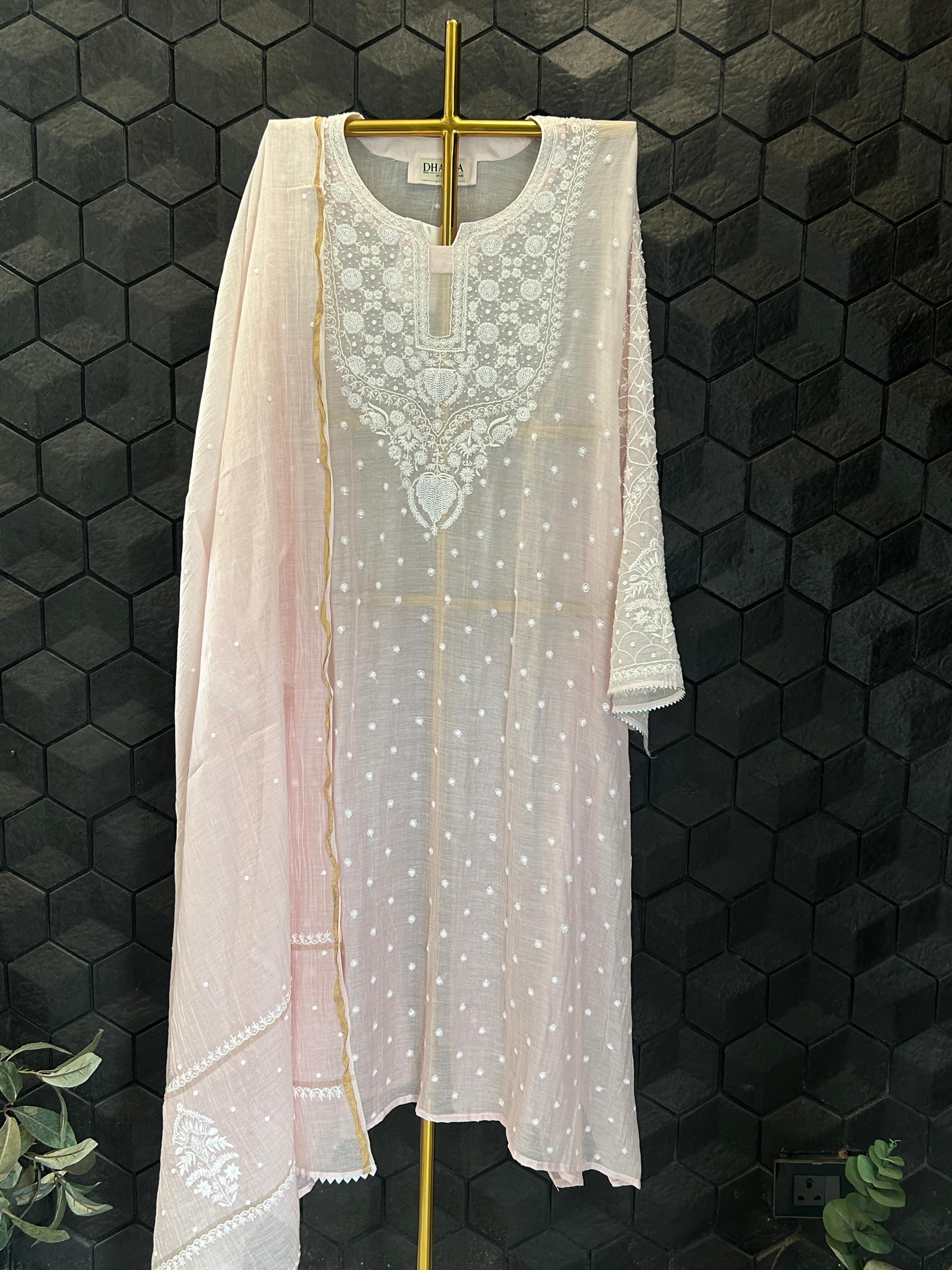 Pink mul chanderi chikankari kurta set