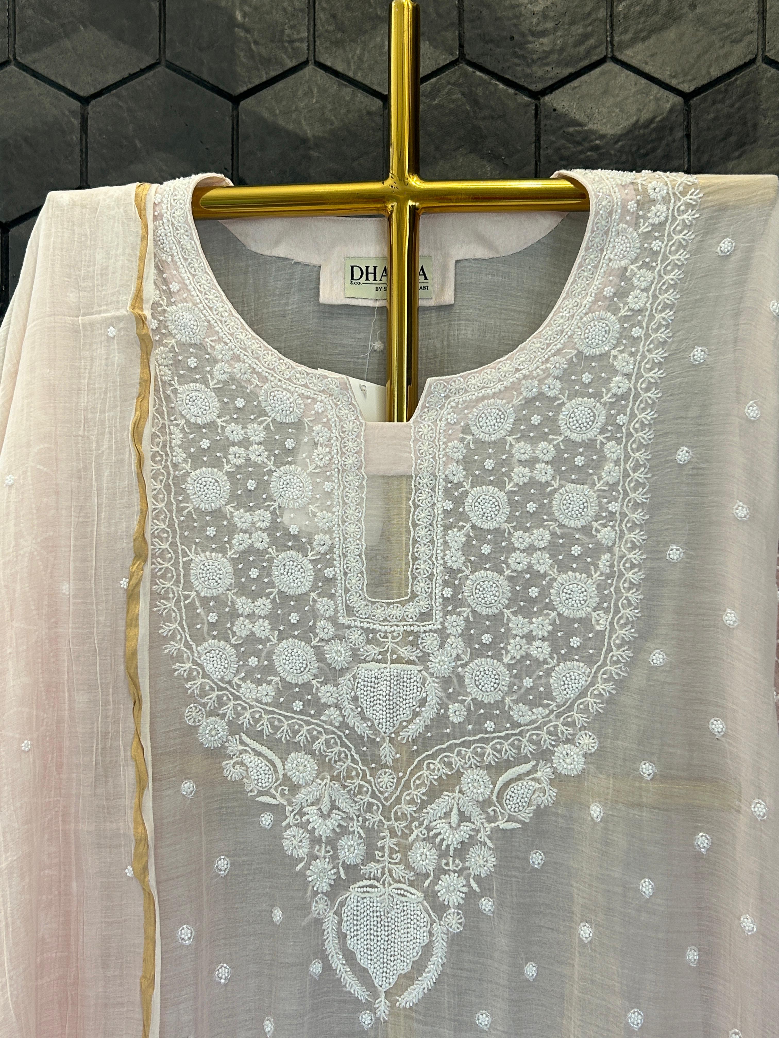 Pink mul chanderi chikankari kurta set