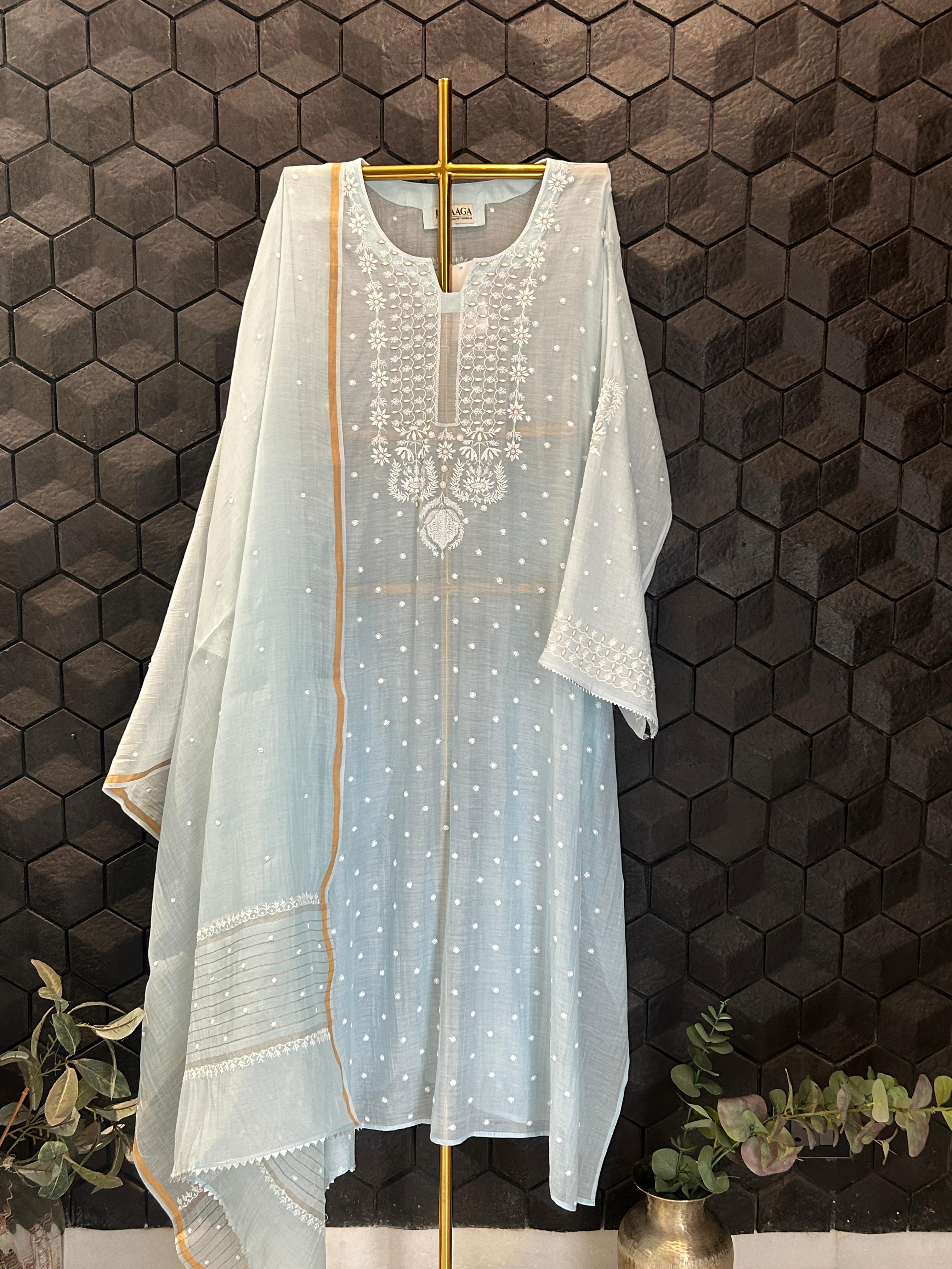 Blue mul chanderi chikanakri kurta set