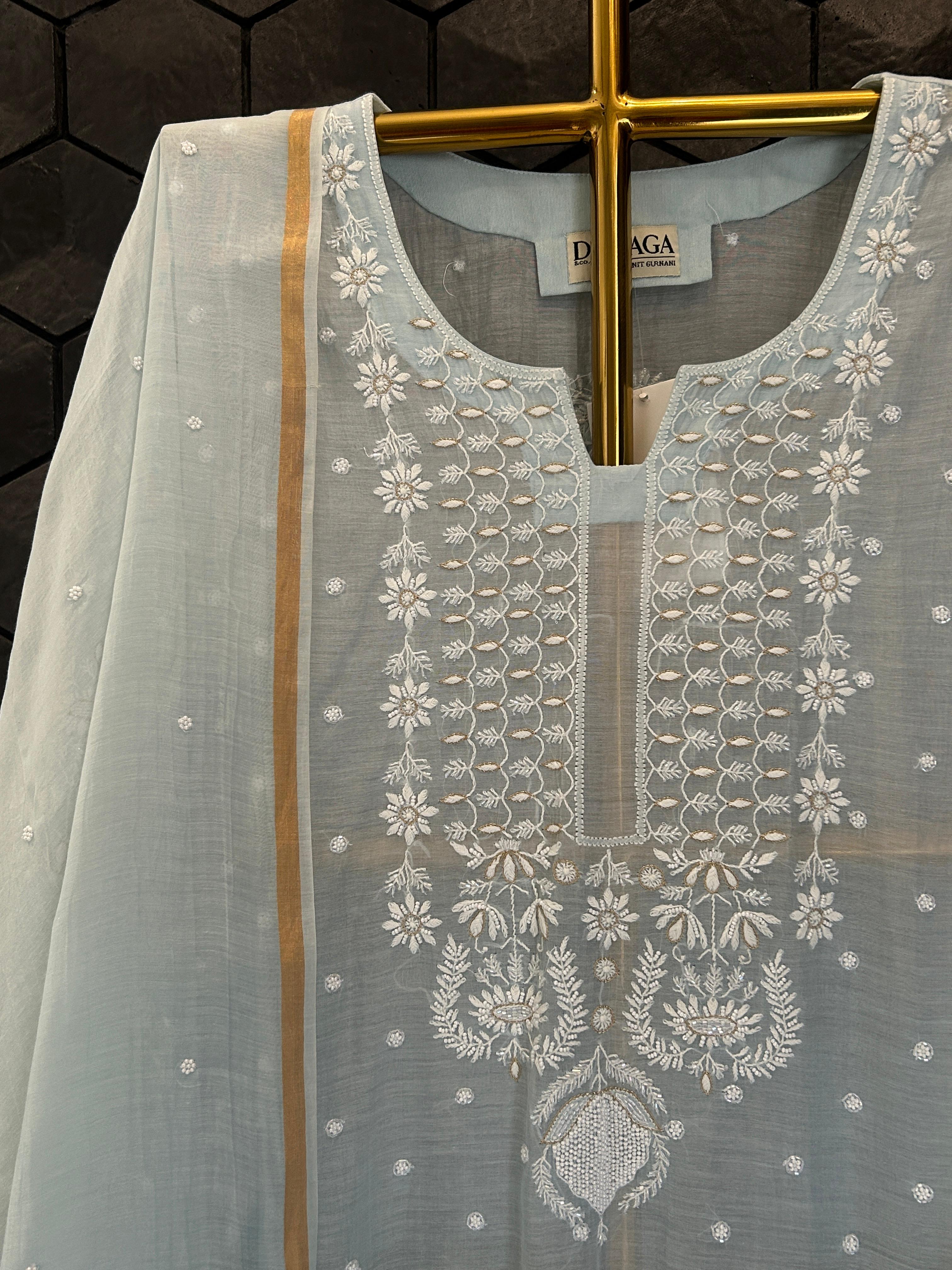 Blue mul chanderi chikanakri kurta set