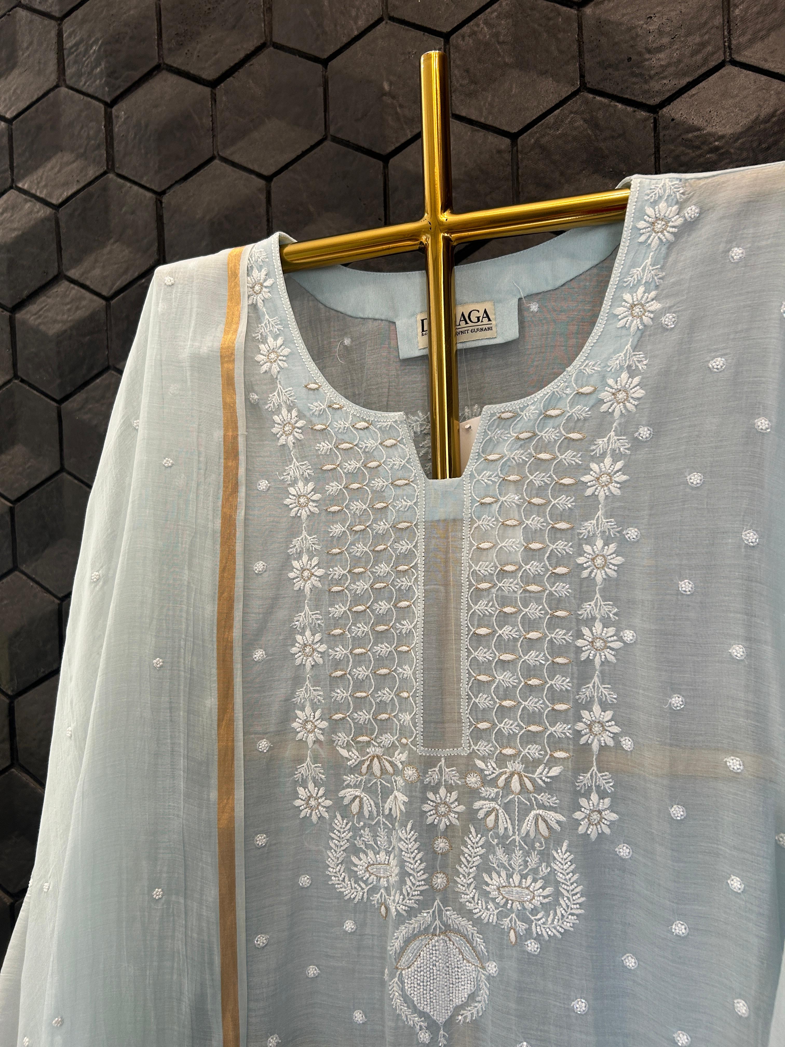 Blue mul chanderi chikanakri kurta set
