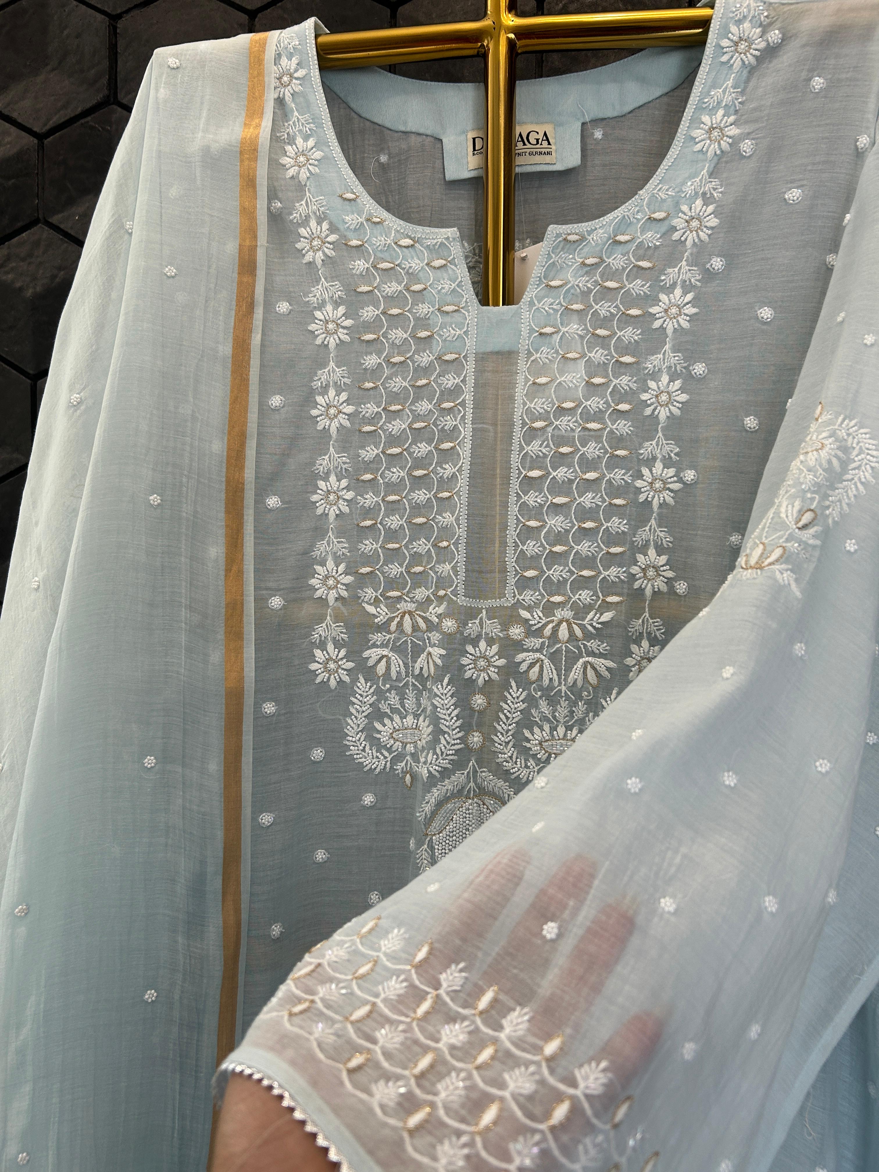Blue mul chanderi chikanakri kurta set