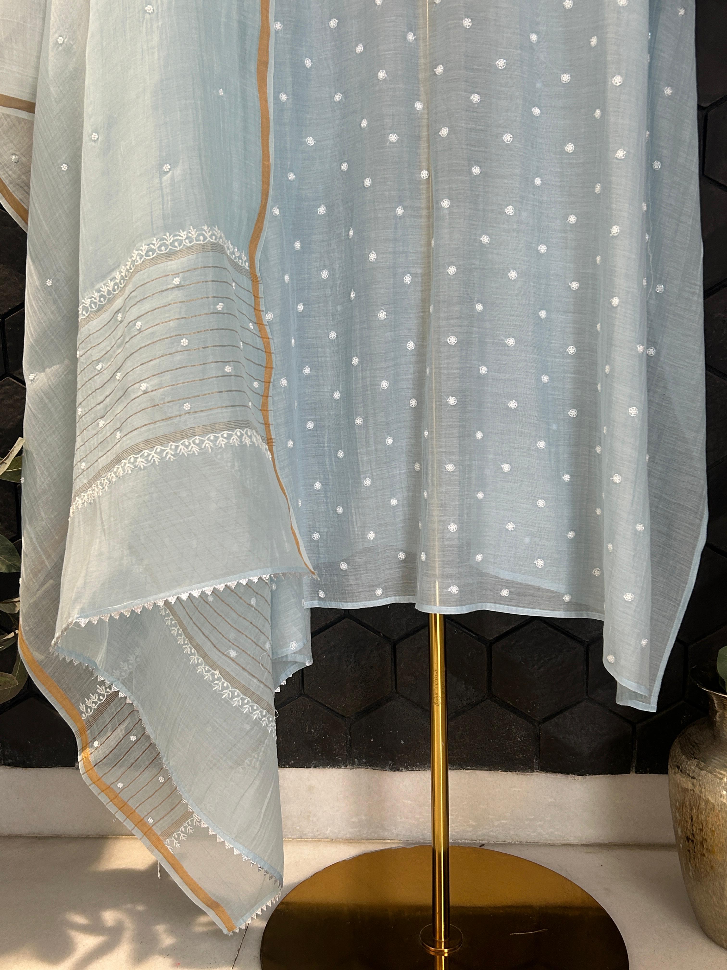 Blue mul chanderi chikanakri kurta set
