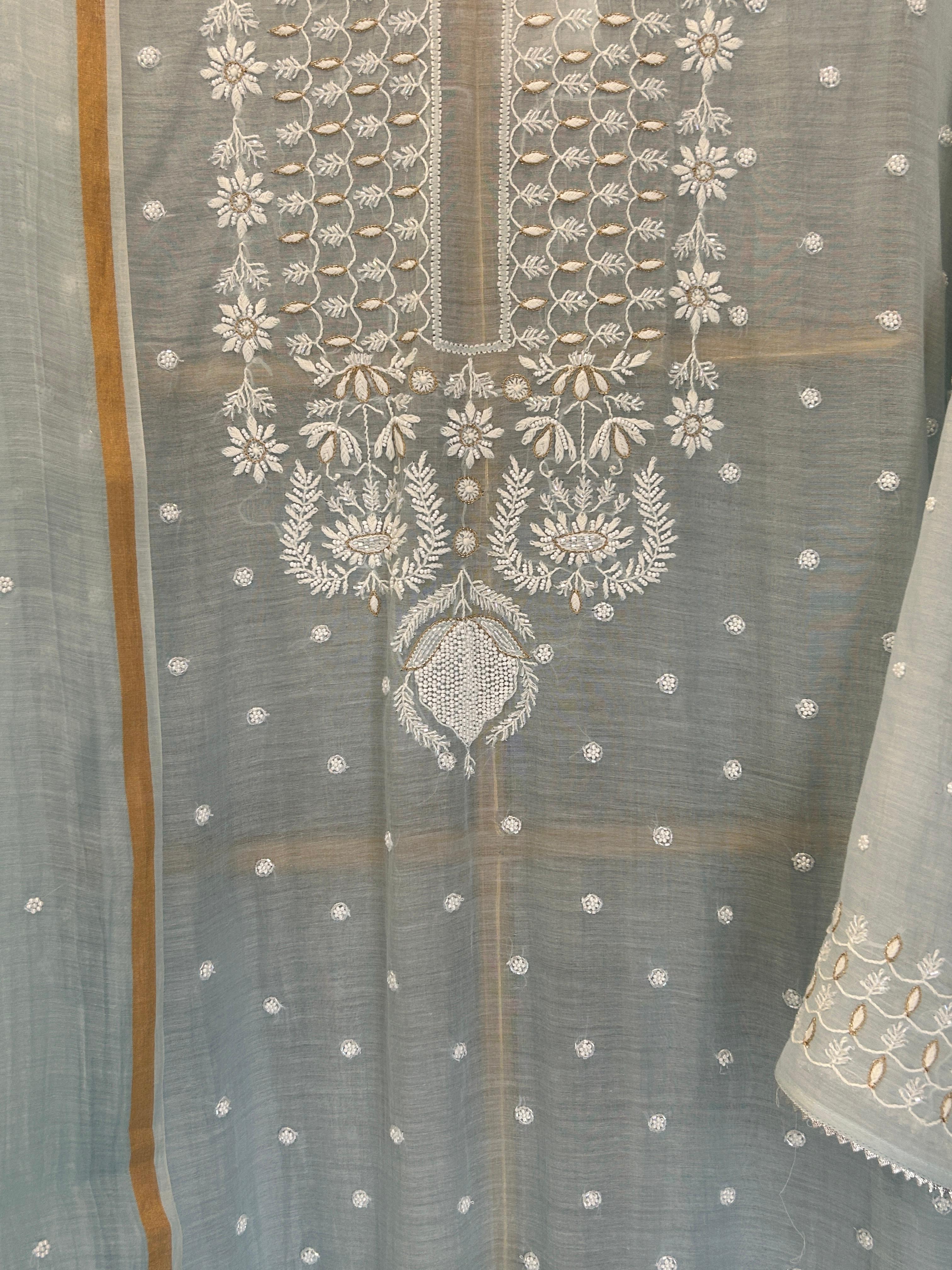 Blue mul chanderi chikanakri kurta set