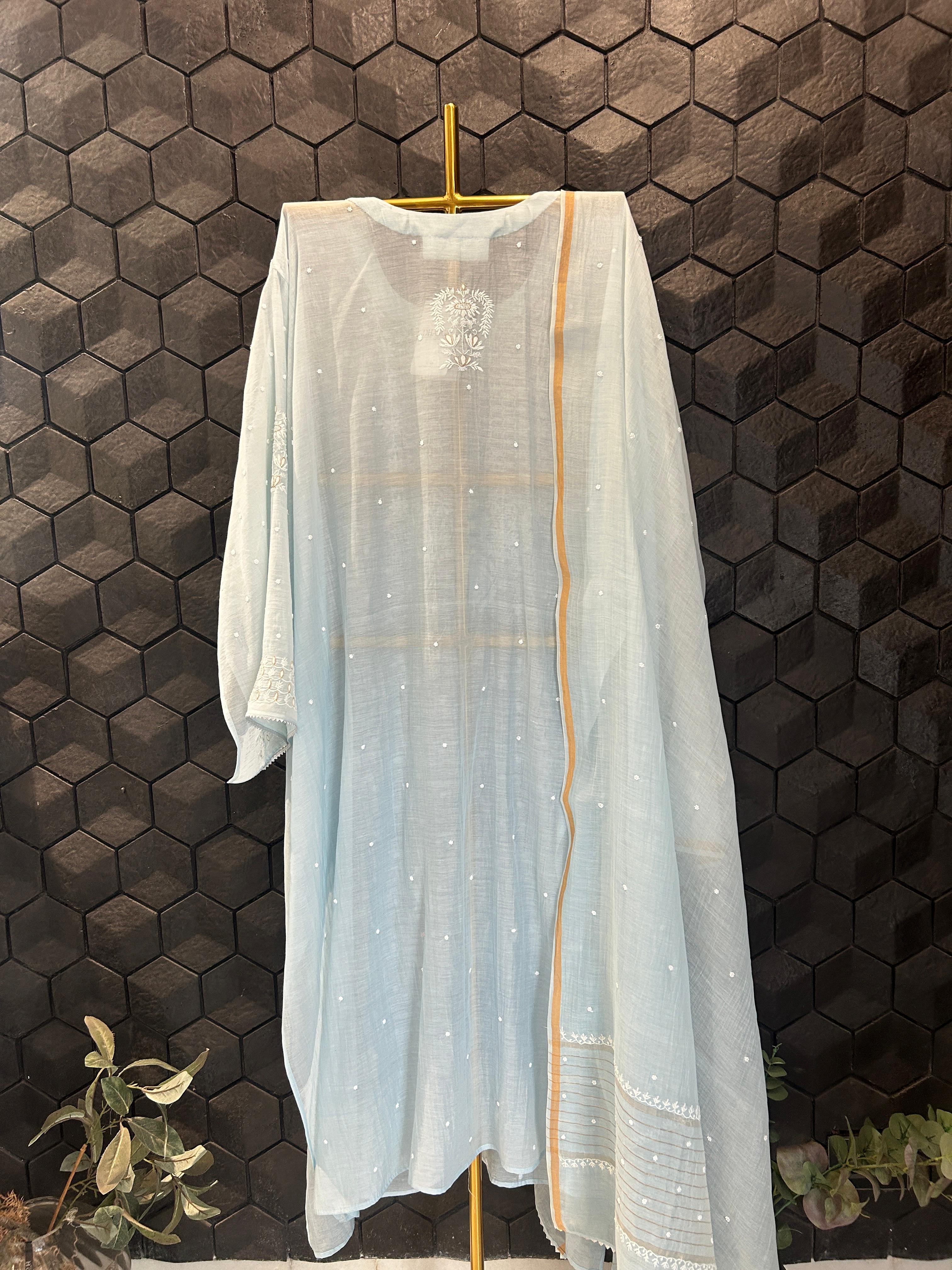 Blue mul chanderi chikanakri kurta set