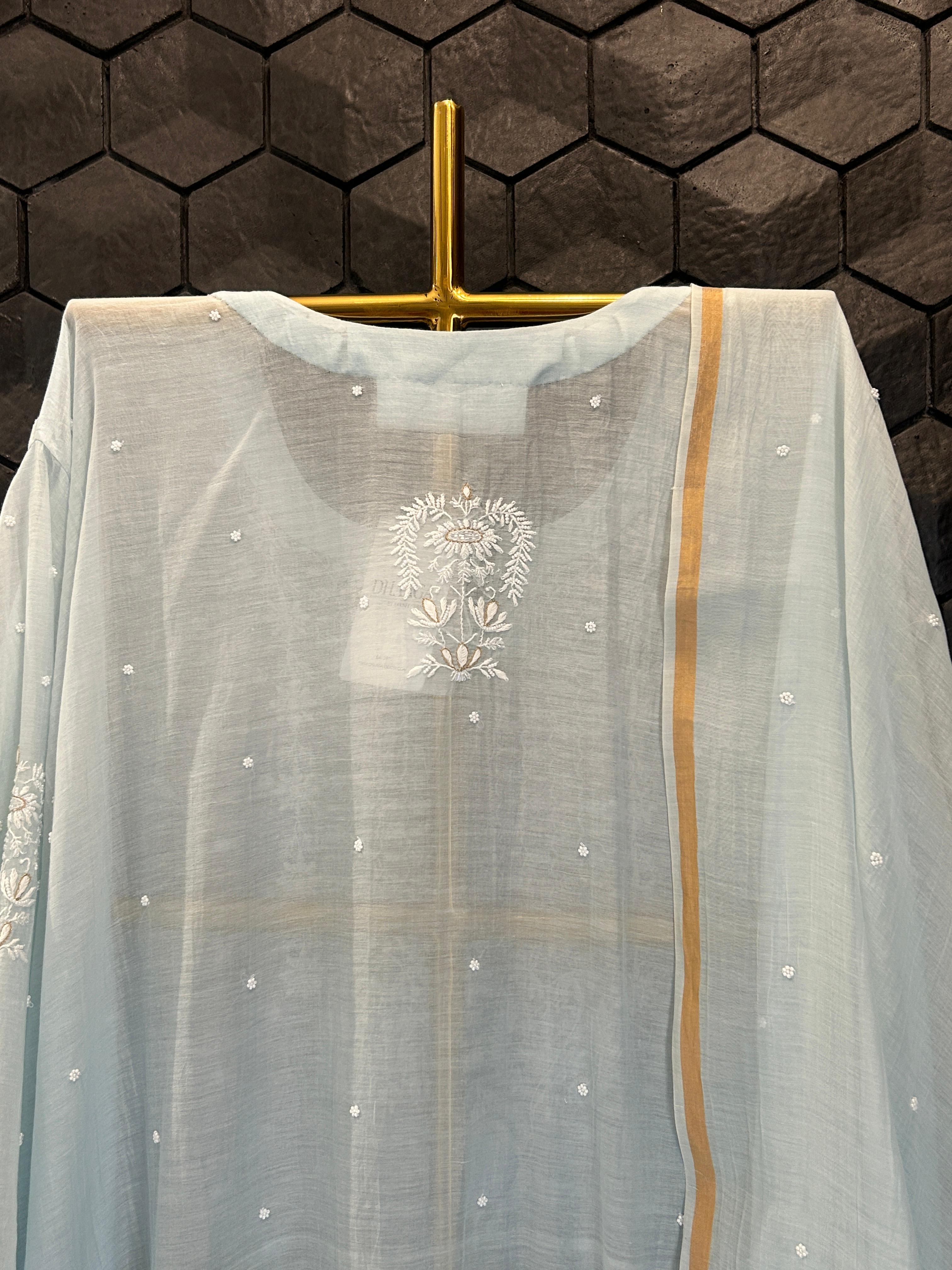 Blue mul chanderi chikanakri kurta set