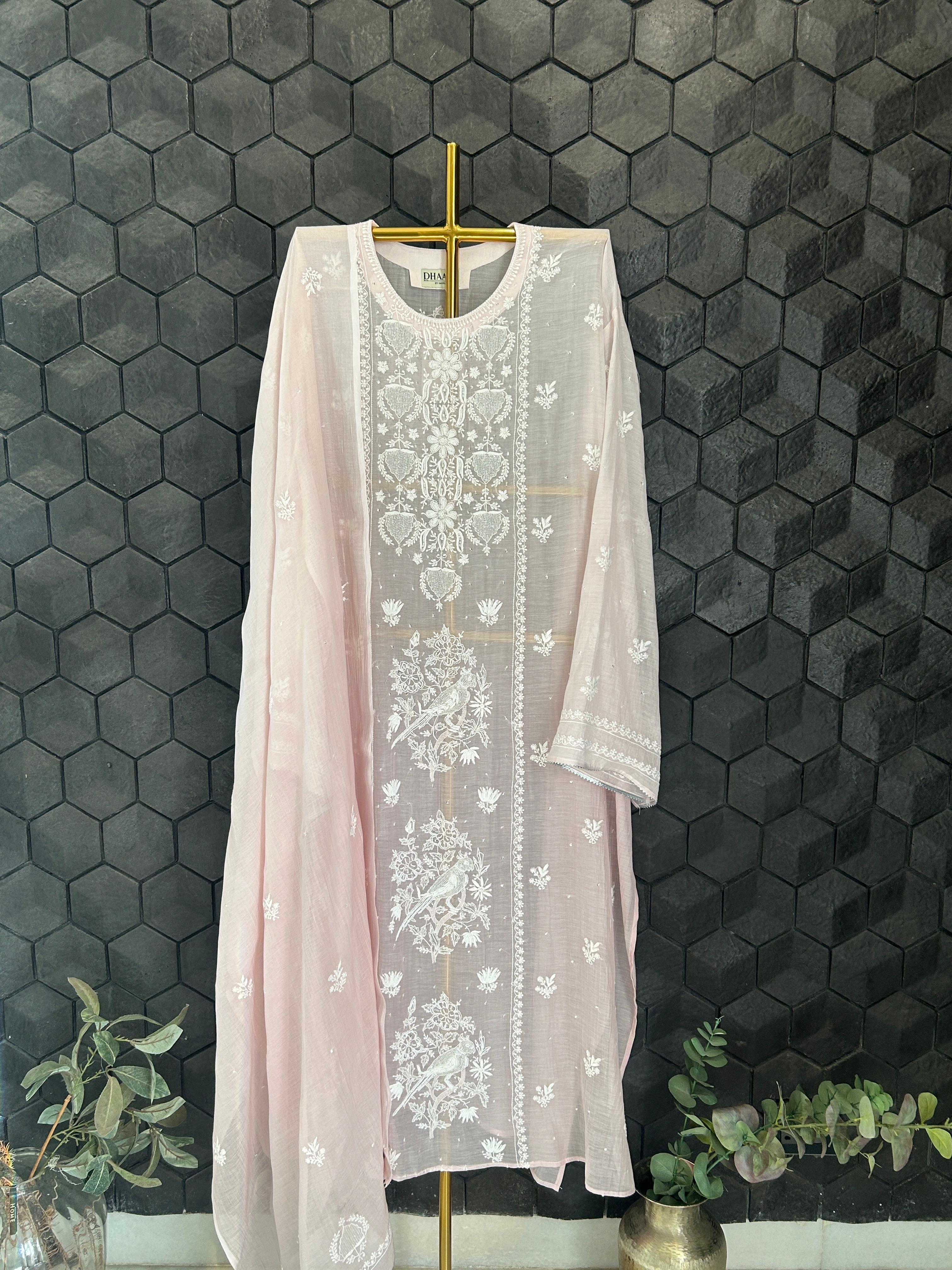 Pink mul chanderi chikankari kurta set