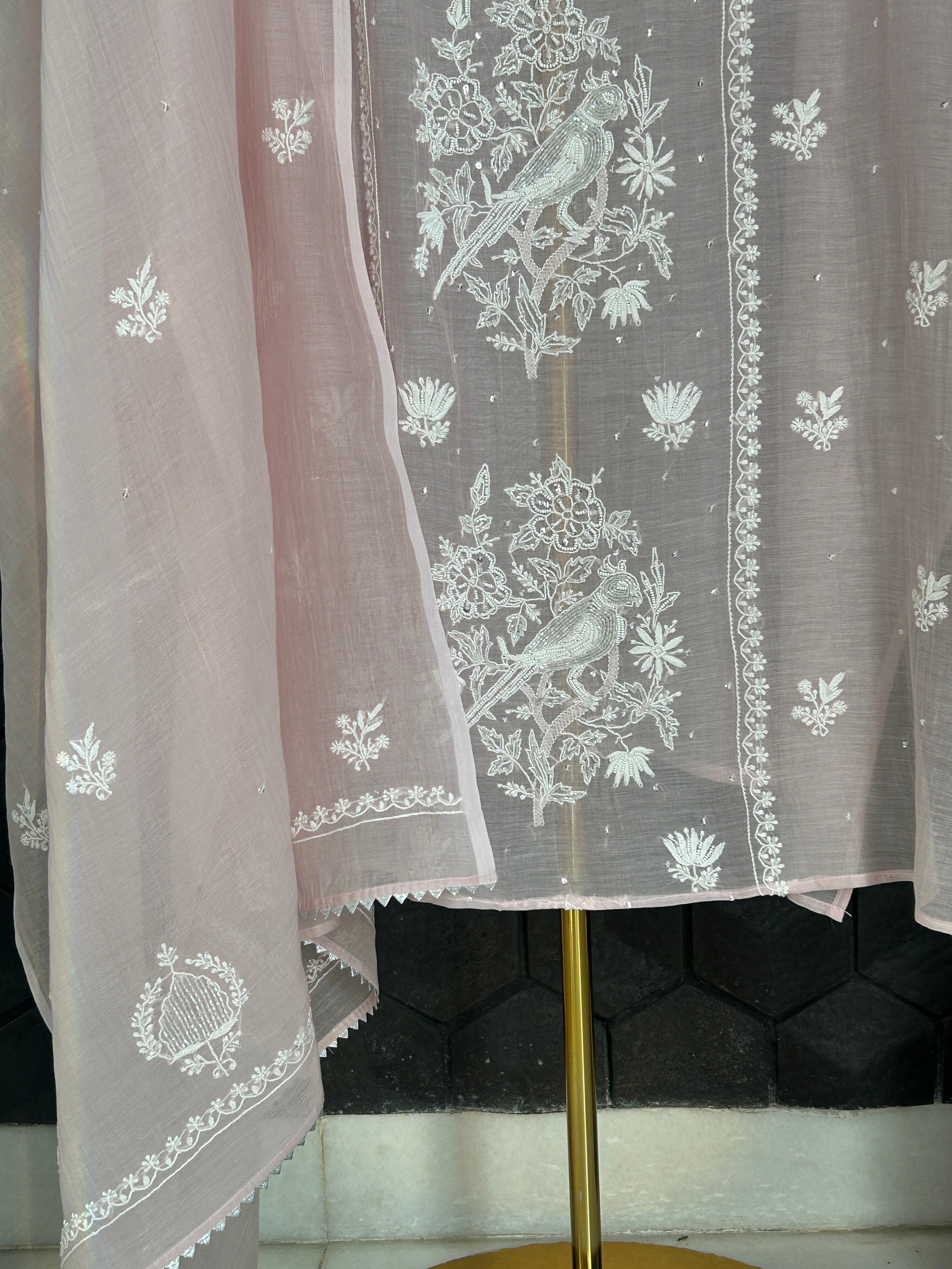 Pink mul chanderi chikankari kurta set