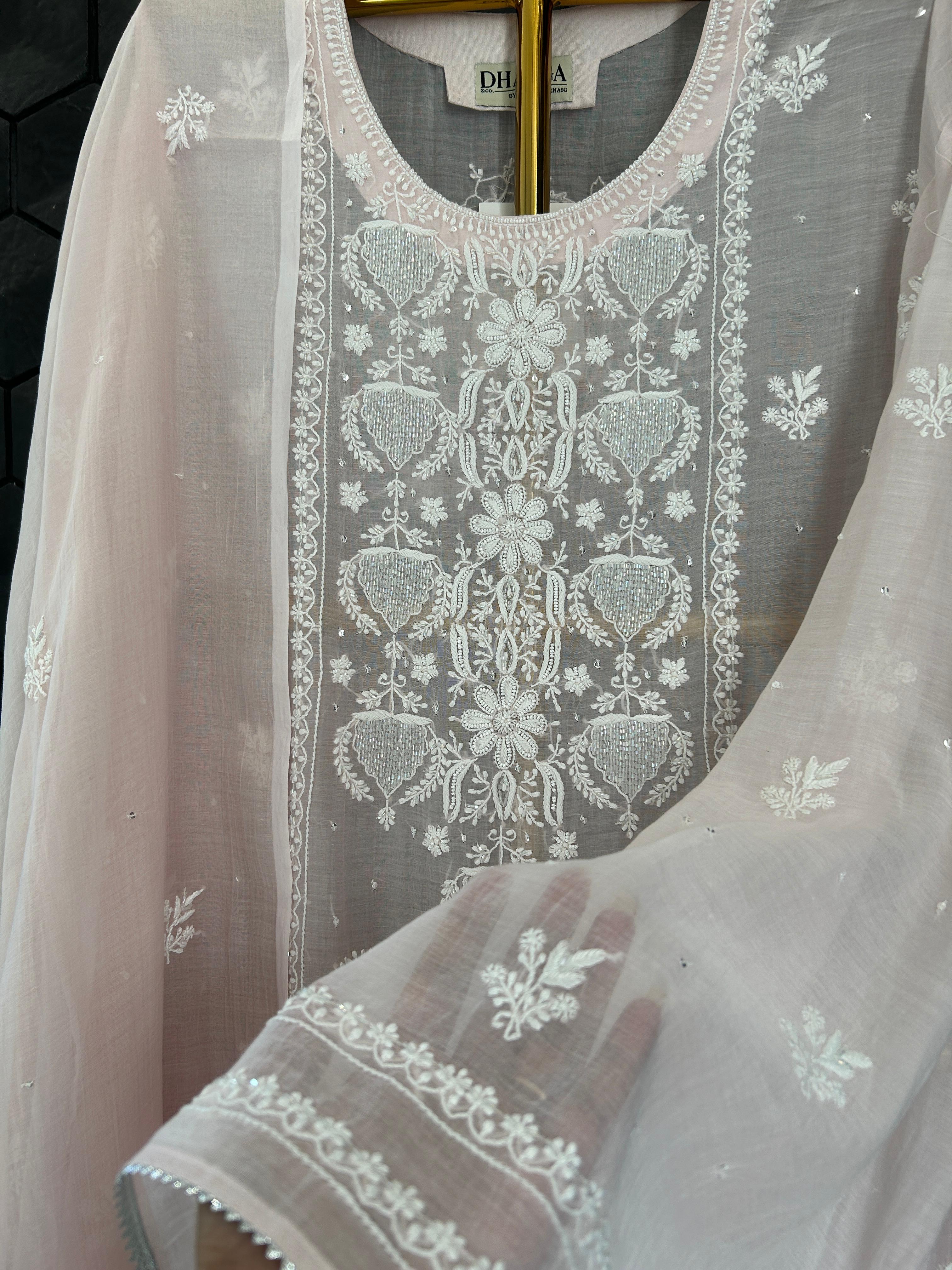 Pink mul chanderi chikankari kurta set
