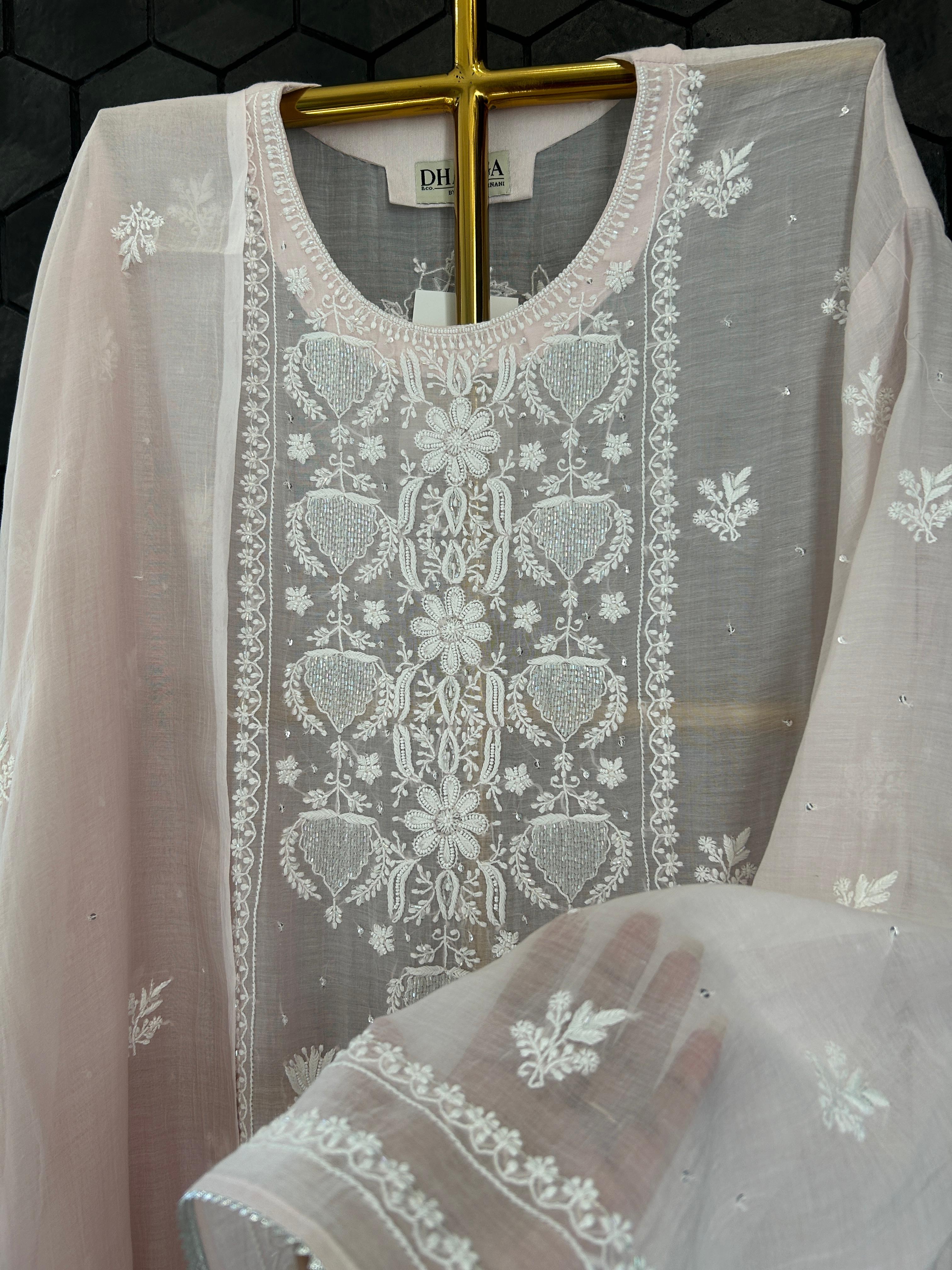Pink mul chanderi chikankari kurta set