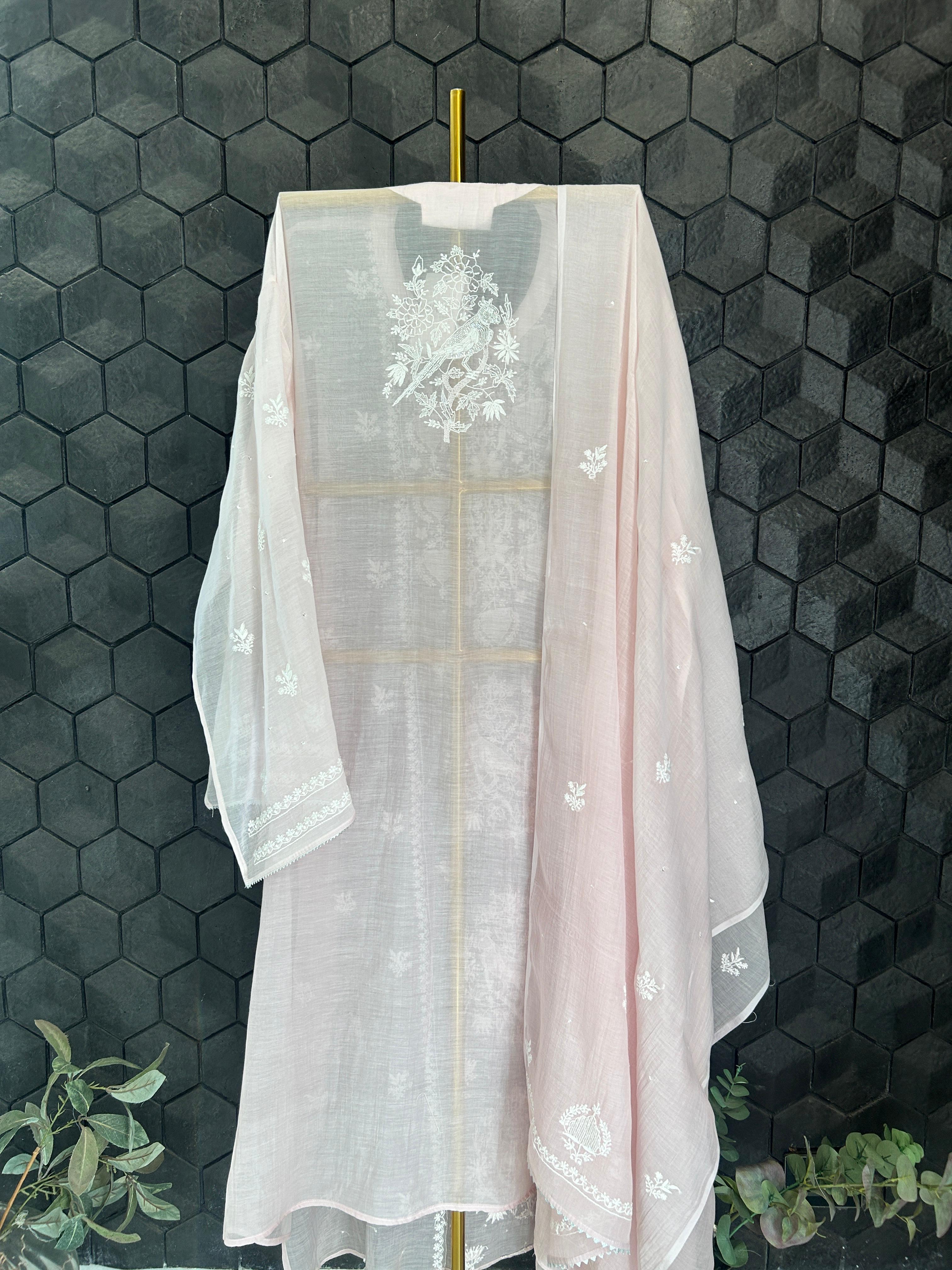 Pink mul chanderi chikankari kurta set