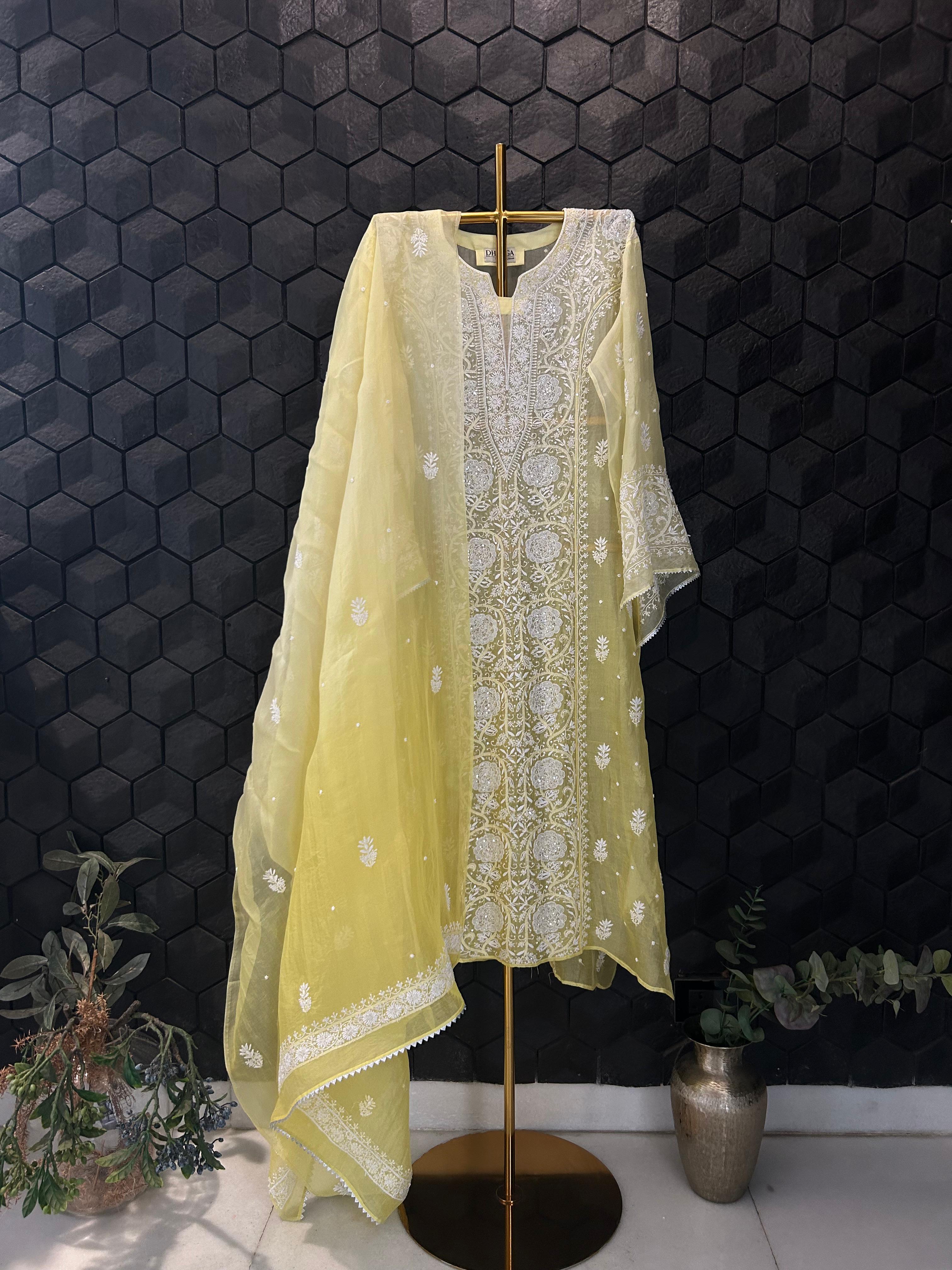 Yellow organza chikankari kurta set