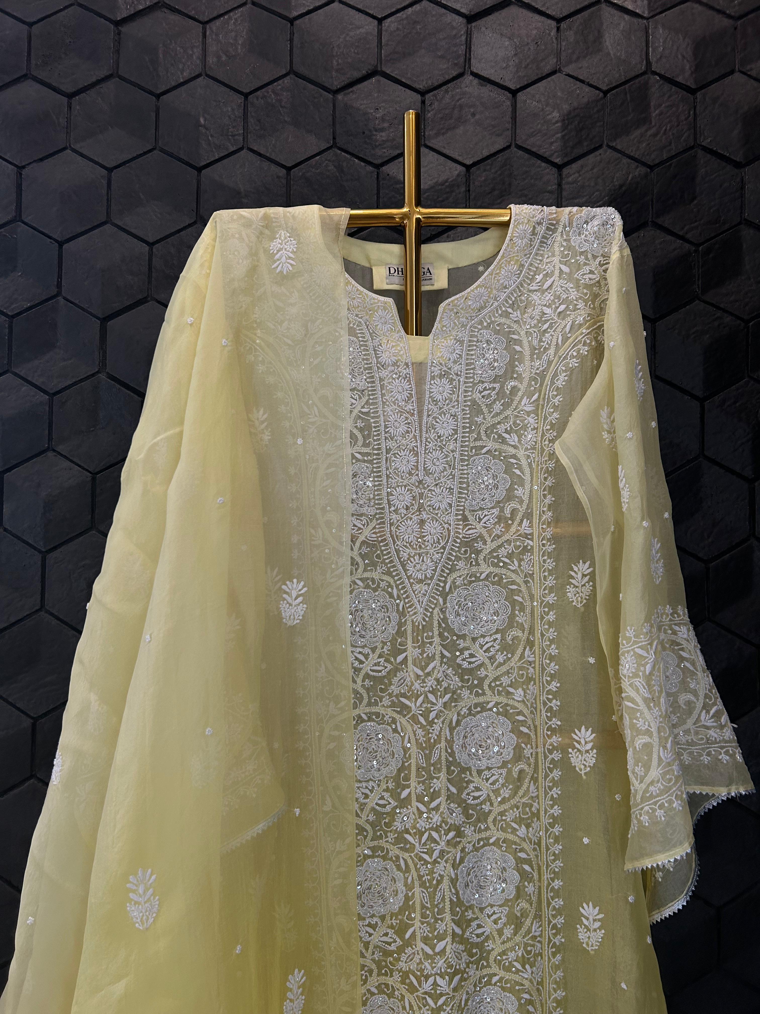 Yellow organza chikankari kurta set