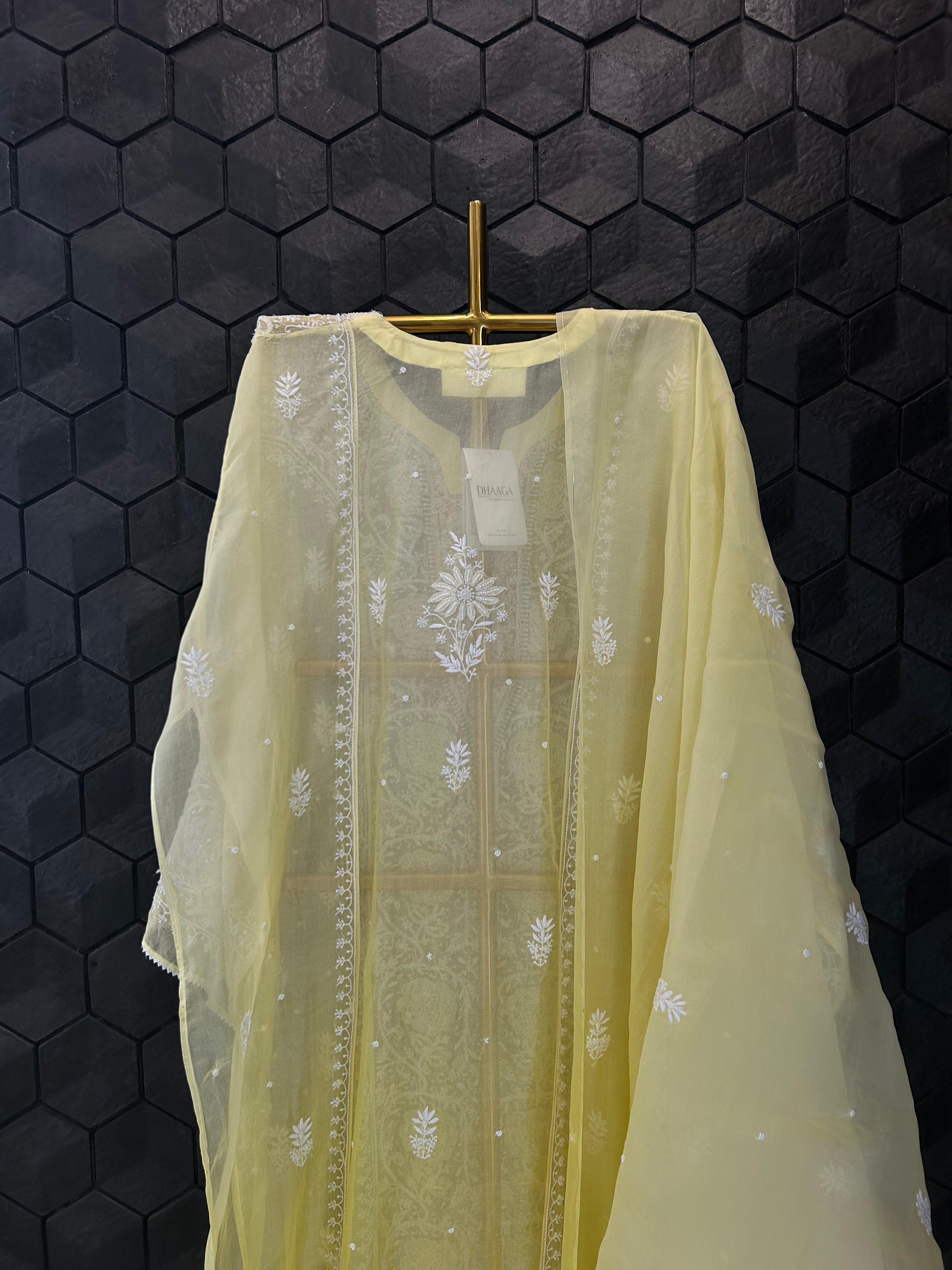 Yellow organza chikankari kurta set