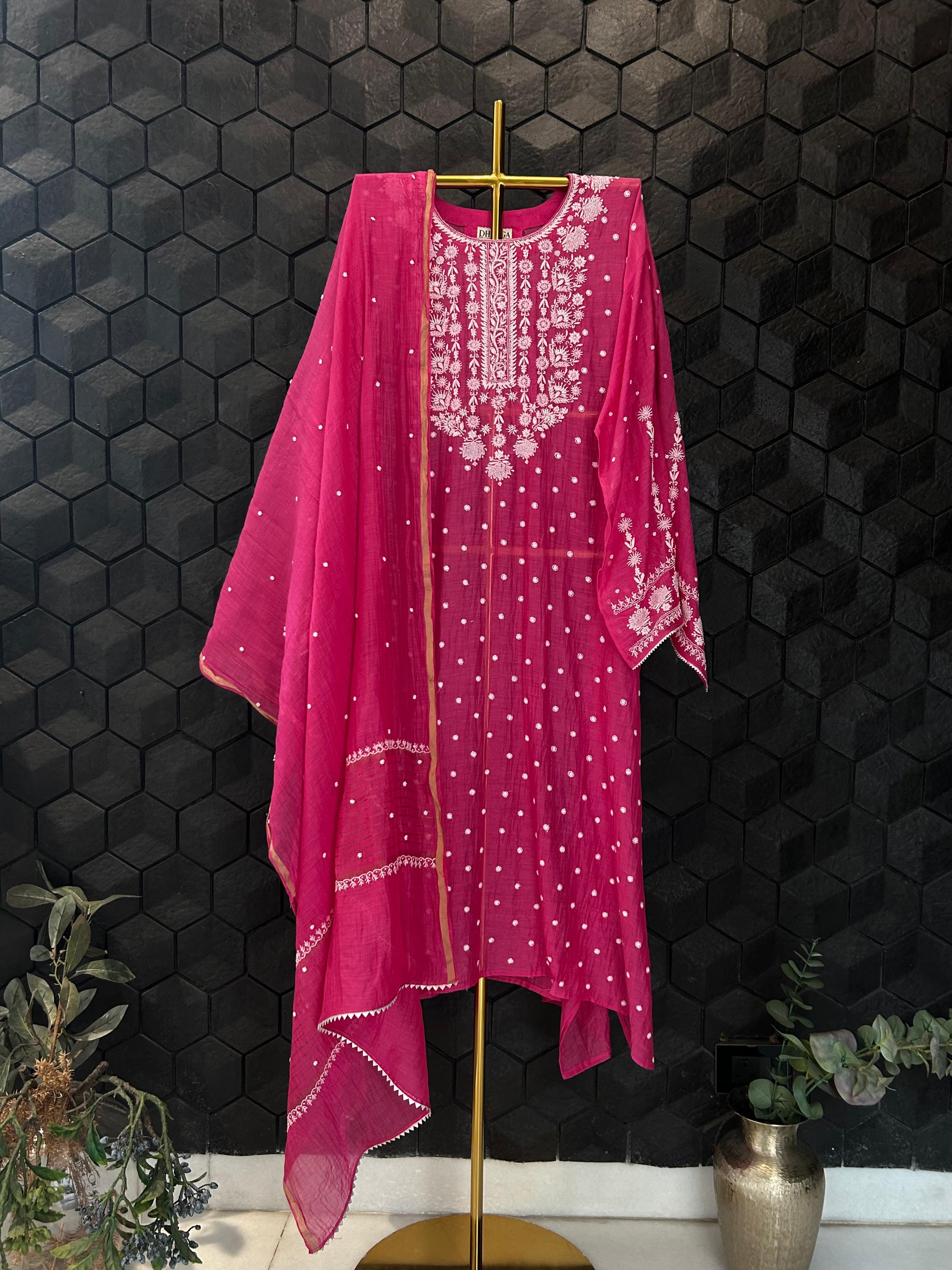 Magenta mul chanderi chikankari kurta set