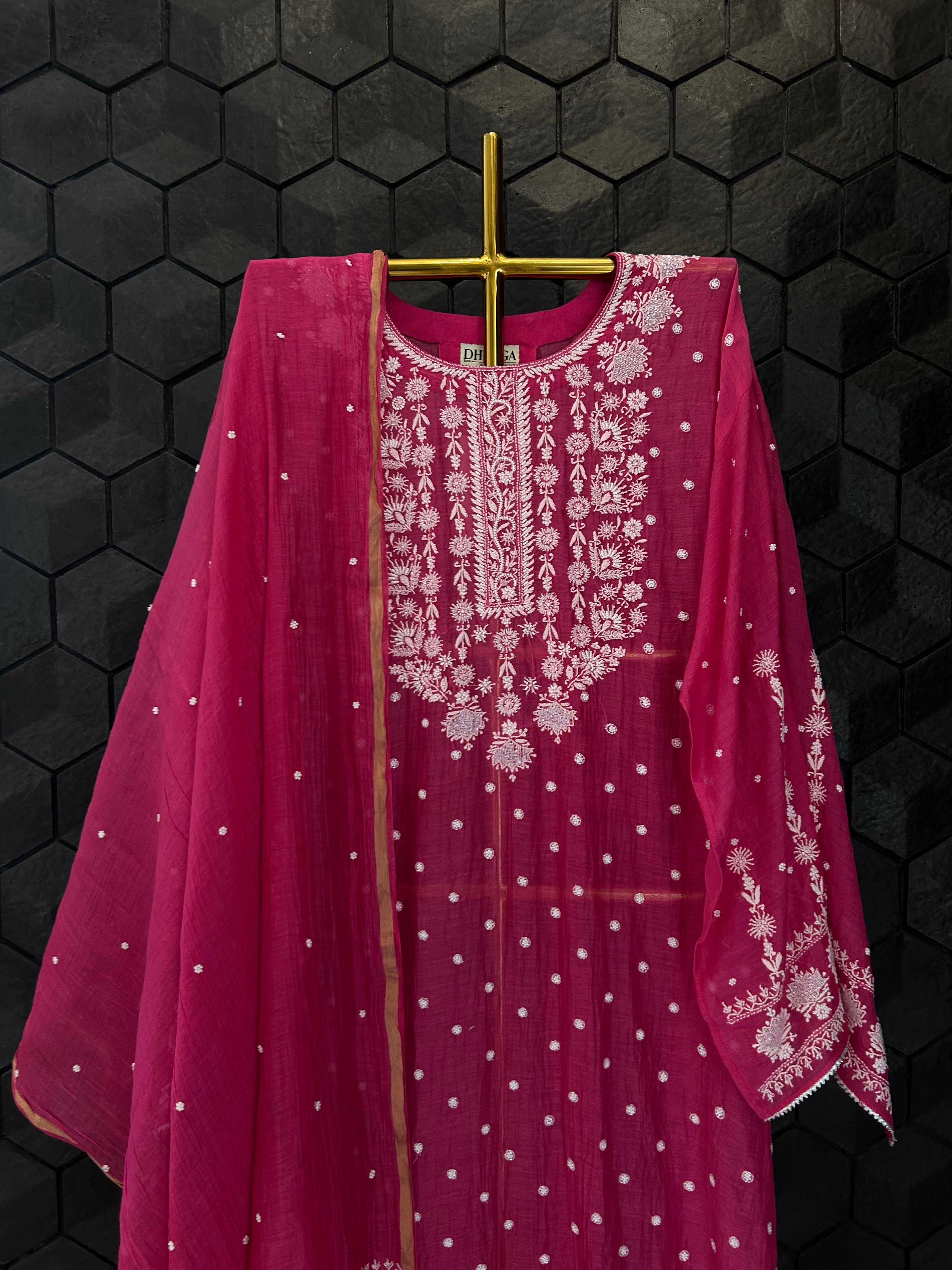 Magenta mul chanderi chikankari kurta set