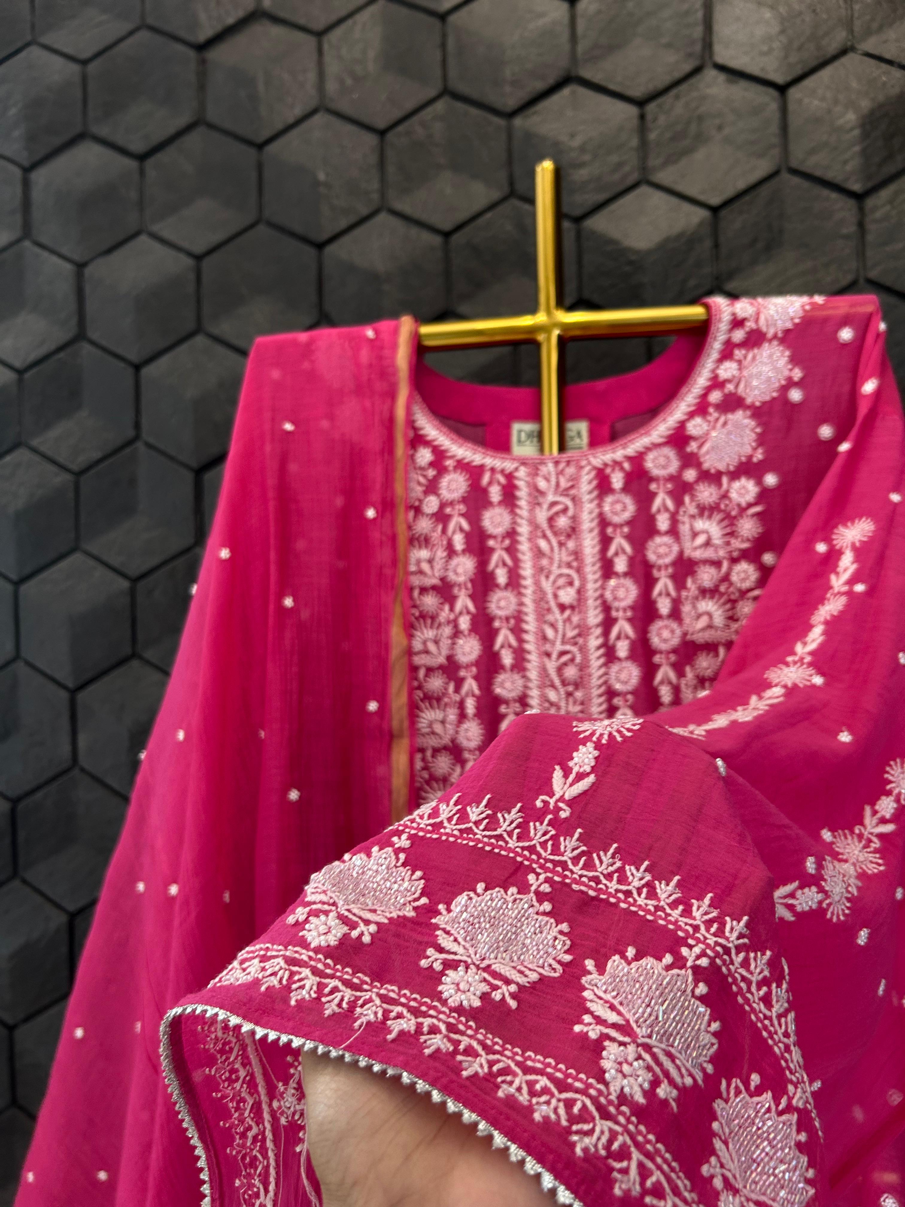 Magenta mul chanderi chikankari kurta set