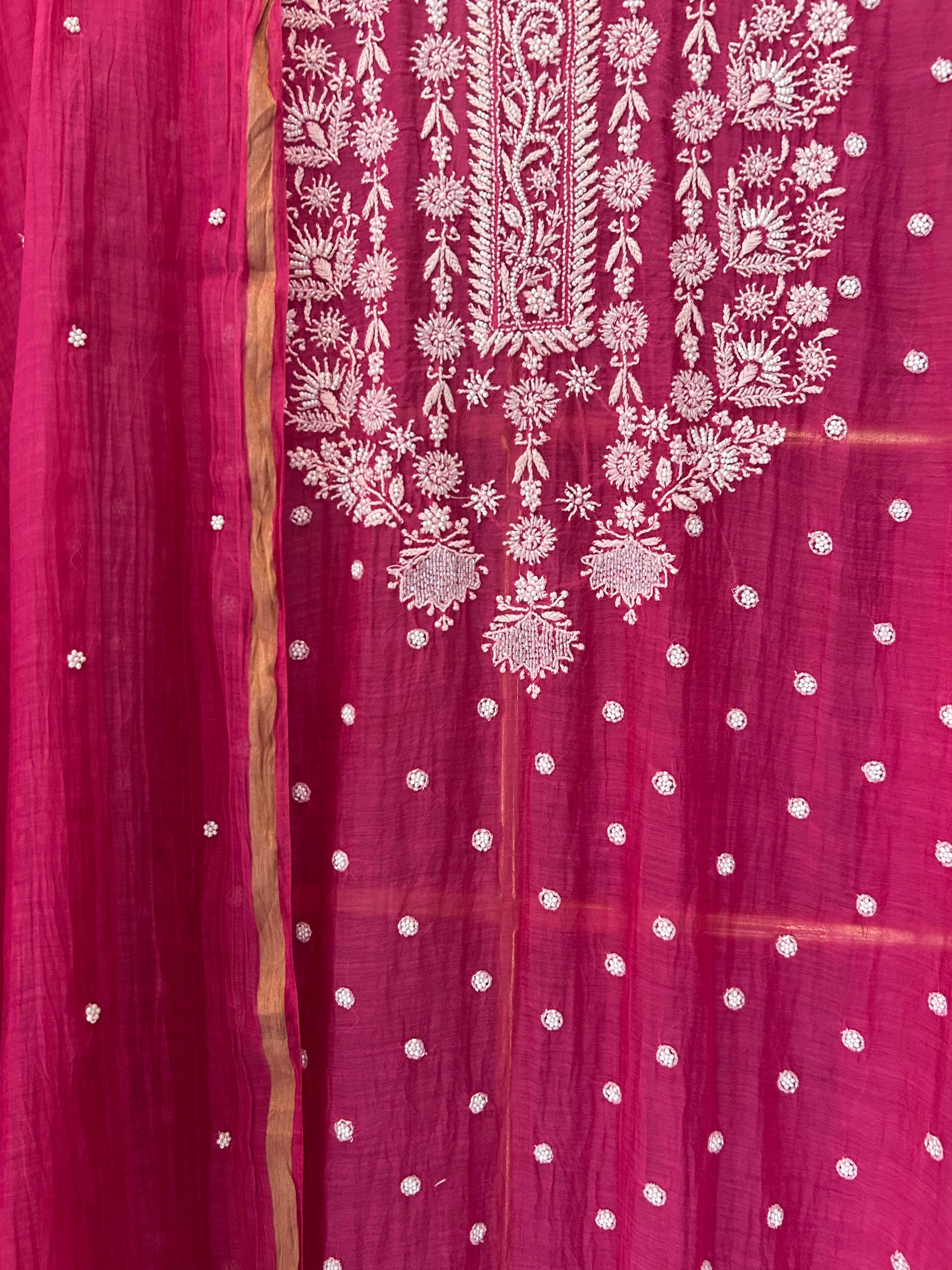 Magenta mul chanderi chikankari kurta set