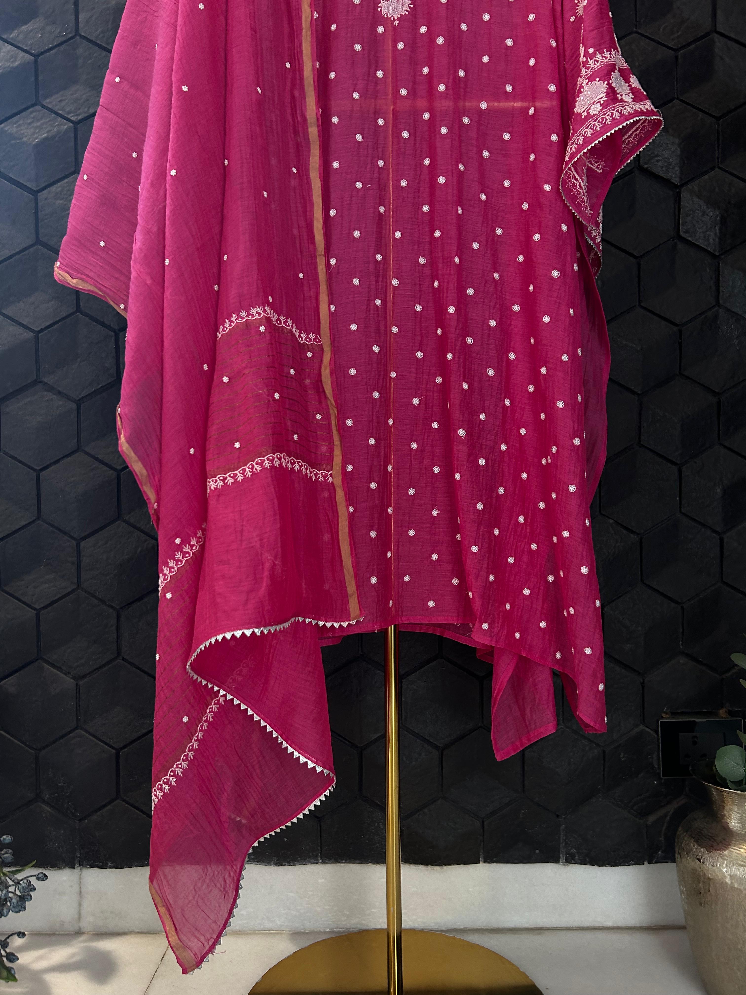 Magenta mul chanderi chikankari kurta set