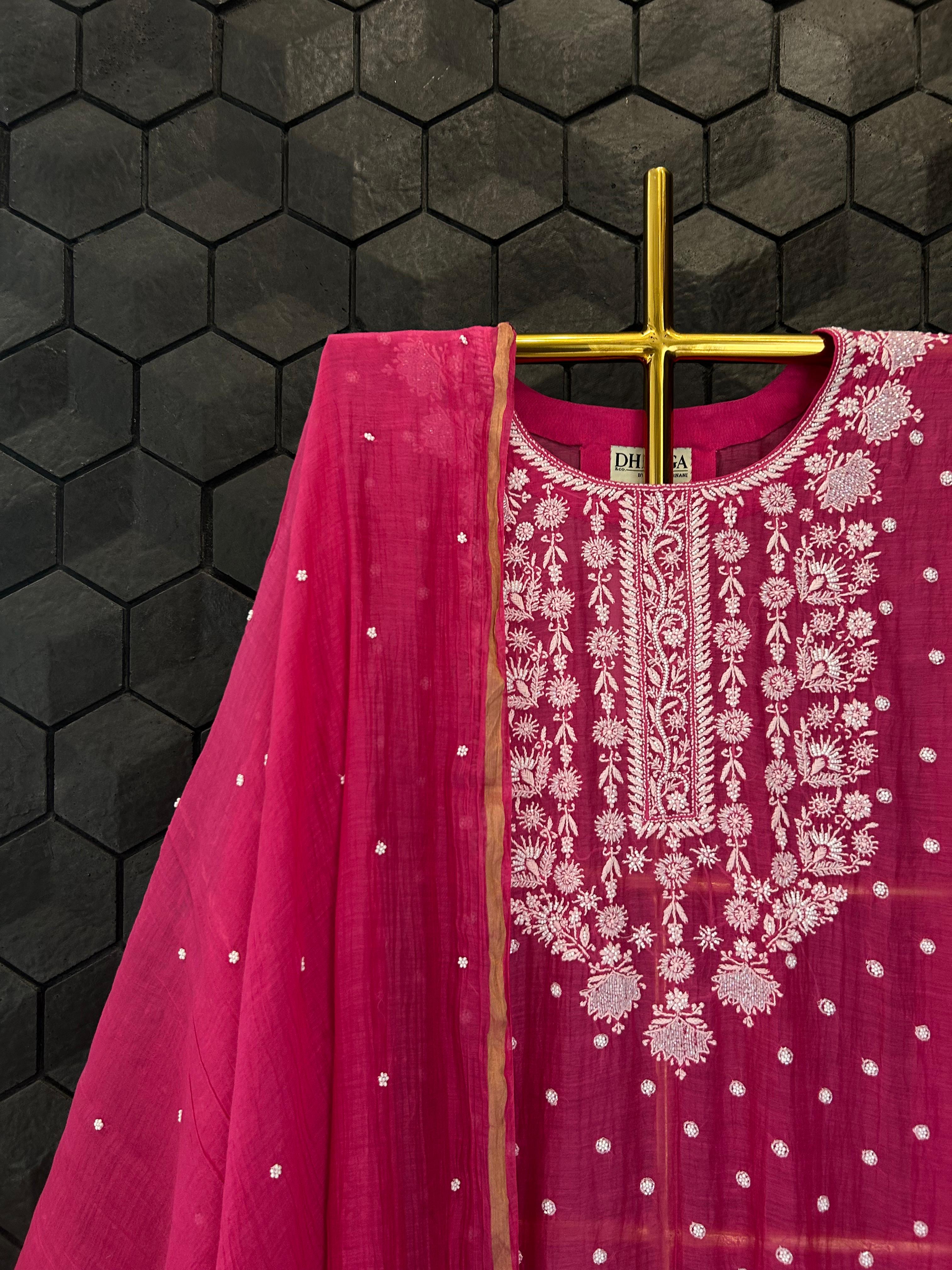 Magenta mul chanderi chikankari kurta set