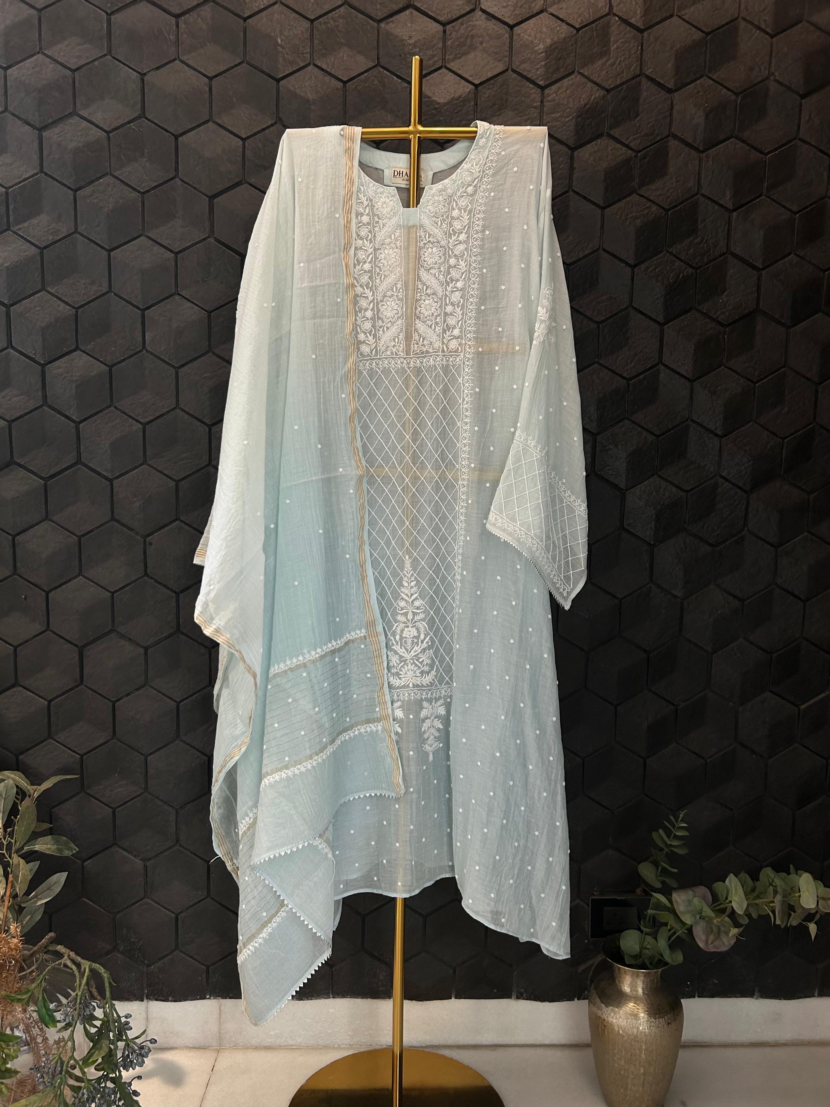 sky blue mul chanderi chikankari kurta set