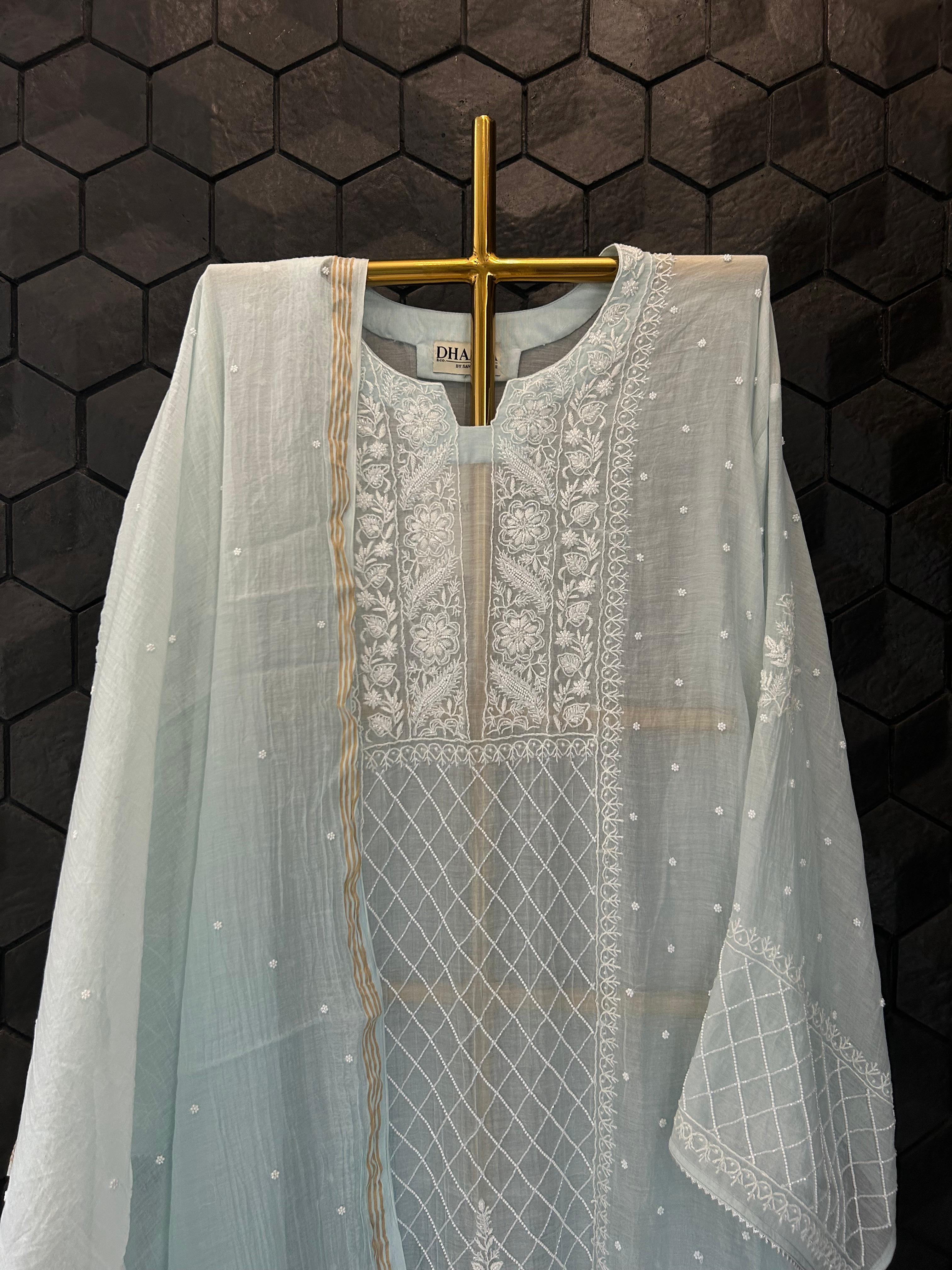 sky blue mul chanderi chikankari kurta set