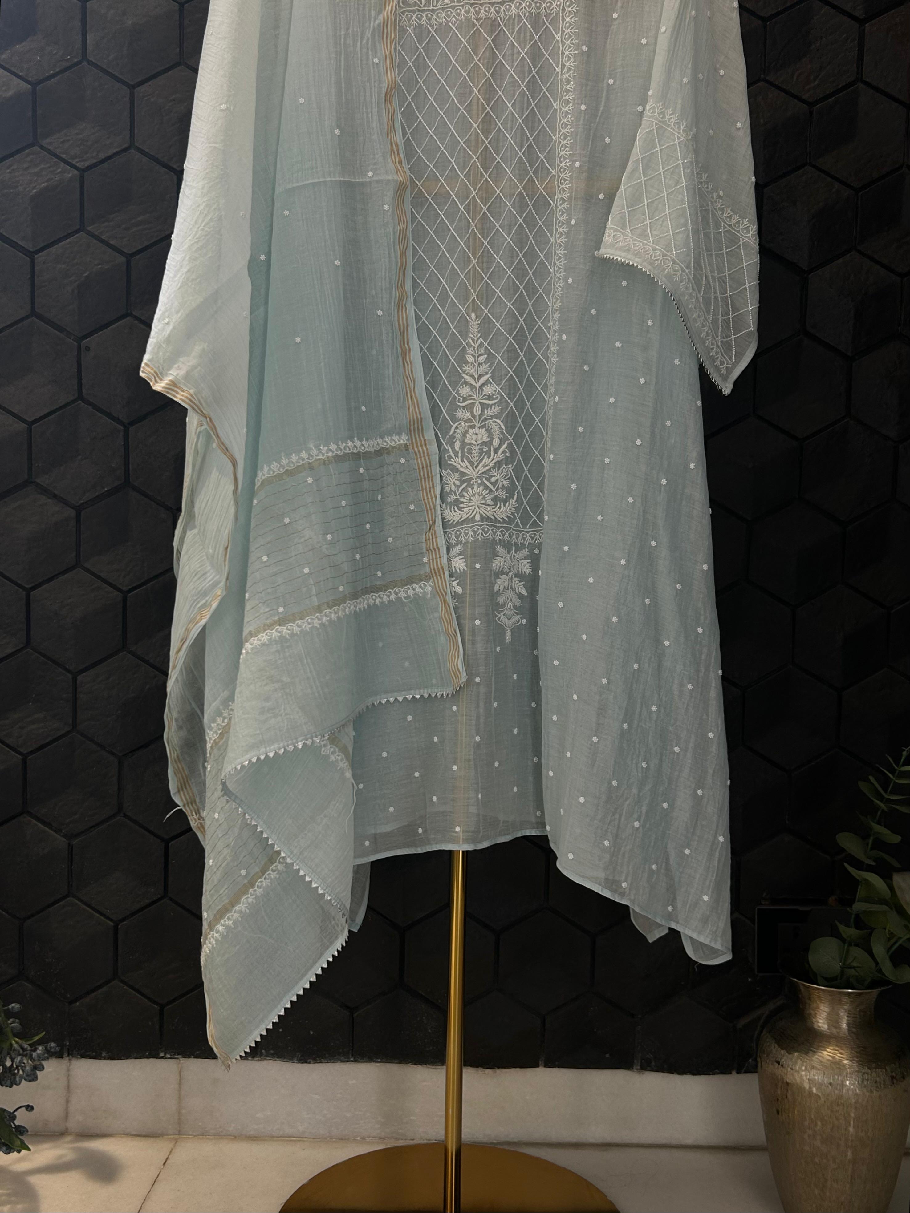 sky blue mul chanderi chikankari kurta set